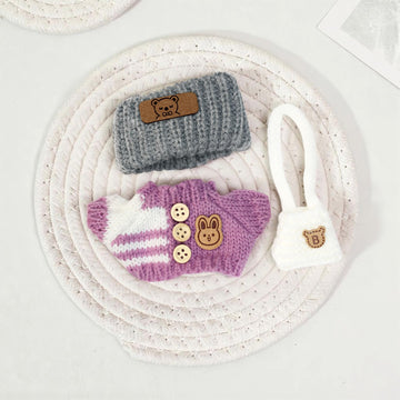 Clothes for 17cm Doll (NO Doll) Handcrafted Crochet Outfits for 17cm Dolls with Accessories Boy and Girl 5-Piece Clothes Set Cute Stylish Clothing with hat and Bag for Dolls Dress up (Purple)