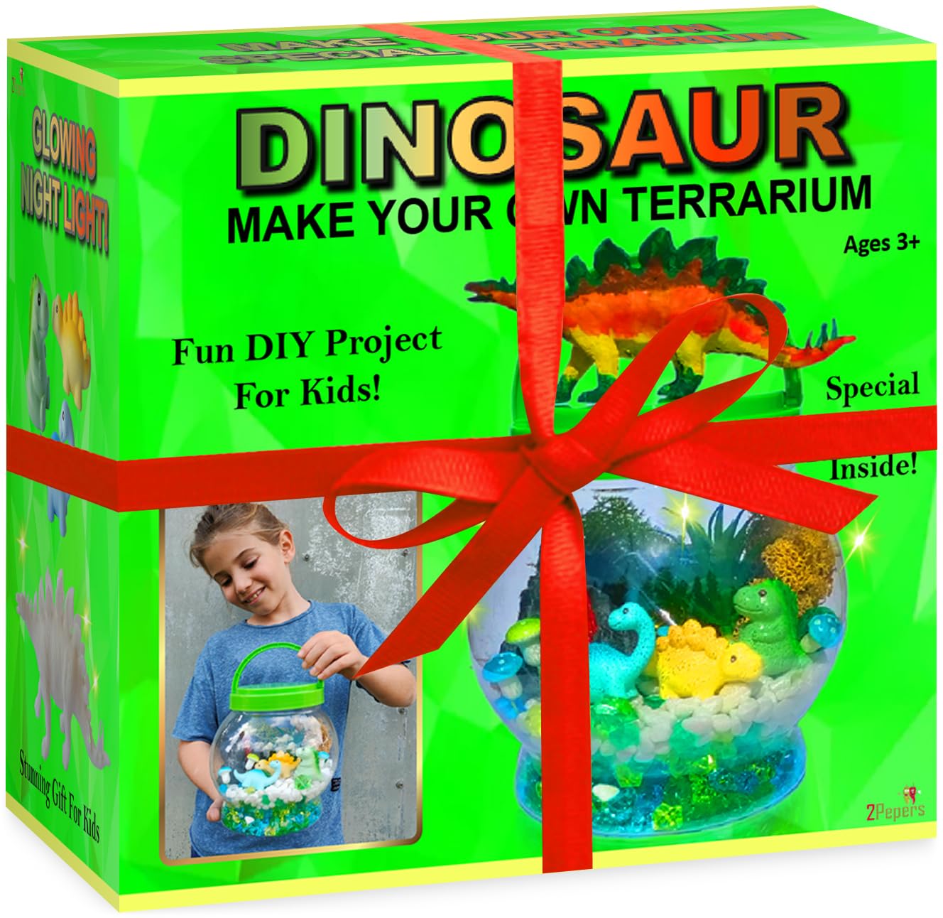 2Pepers Diy Dinosaur Gifts For Boys, Kids Birthday Gifts Arts And Crafts For Boys Nightlight Terrarium Kit, Toys For Boys Age 3 4 5 6 7 8 9 10 11 12 Year Old