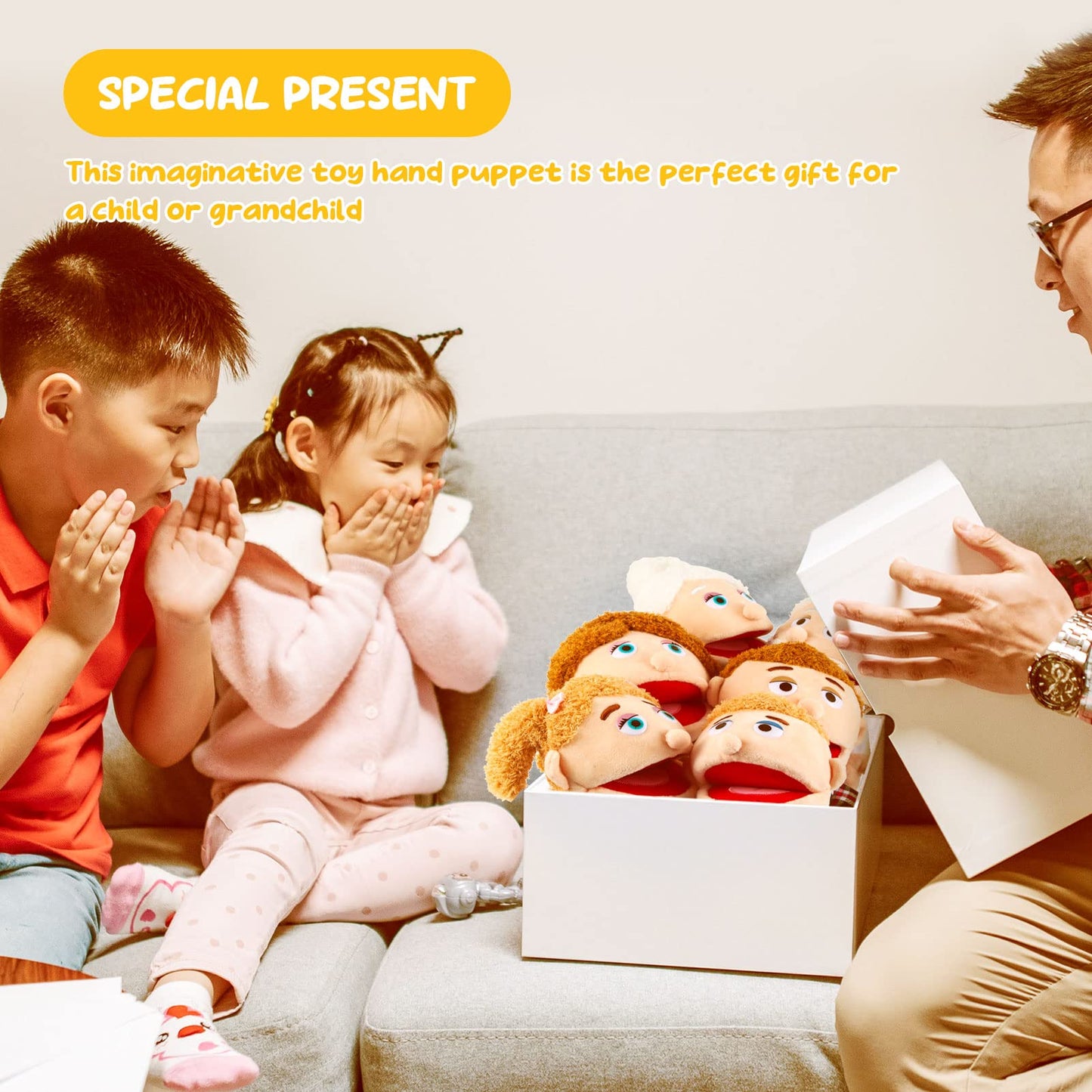 1 Pcs Family Hand Puppets 12 Inch Grandparents, Mom & Dad, Brother & Sister Plush Hand Puppet Toys Role-Play Toy Puppets For Kids Storytelling Imaginative Pretend Play Teaching Preschool(Grandfather)