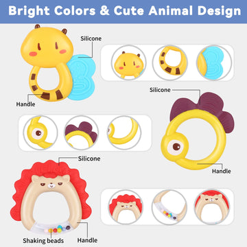 Moontoy Baby Rattles Teether Set Toys For 0 1 2 3 4 5 6 7 8 9 10 11 12 Month Old Baby Boy Girl, 9Pcs Baby Toys Sensory Toys Early Development Newborn Birthday Gifts Infant Toys 0-3-6-12 Month