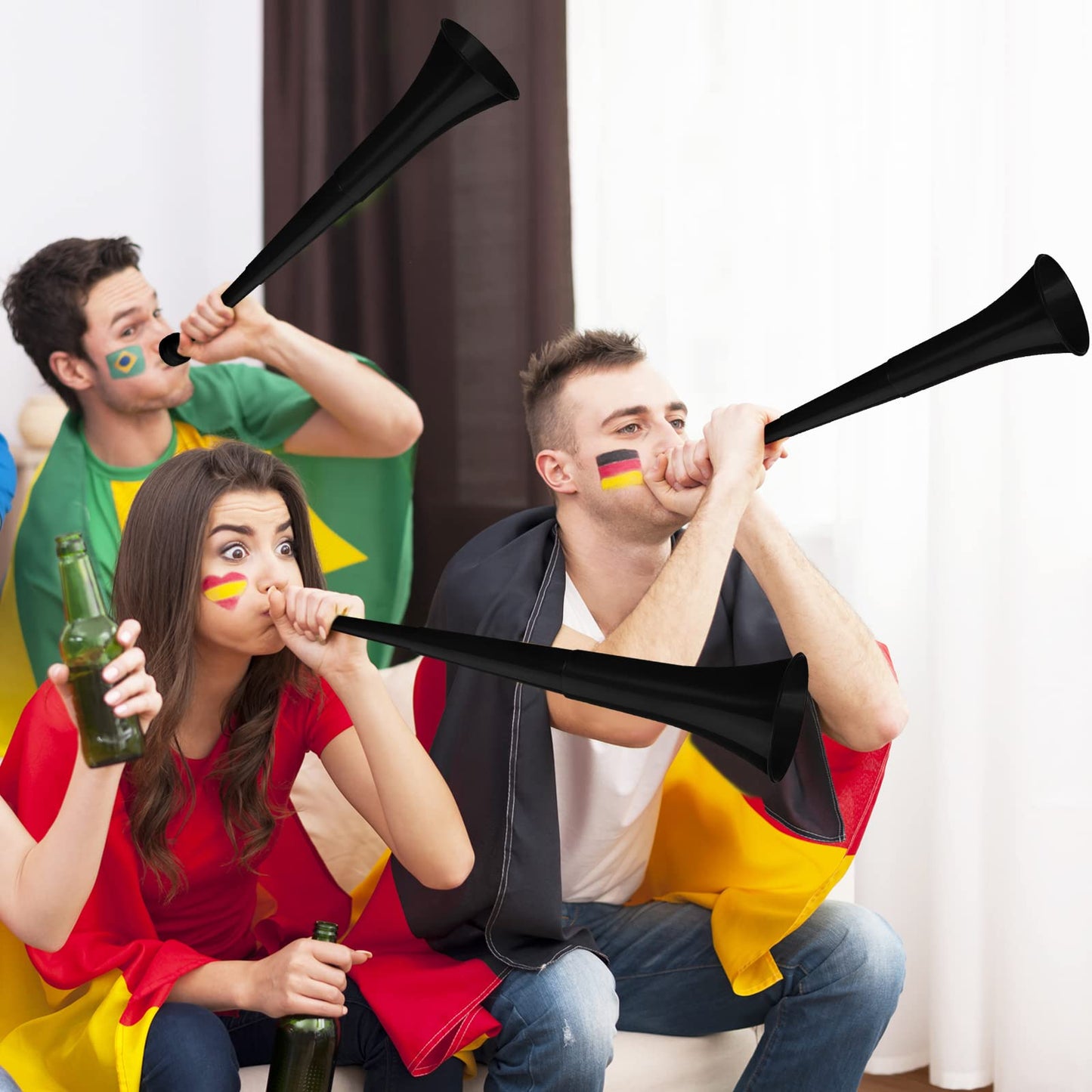 Outus Collapsible Stadium Horns - 24 Inch Plastic Vuvuzela Noisemakers, 4 Pack, Black - Perfect for Sporting Events & Parties