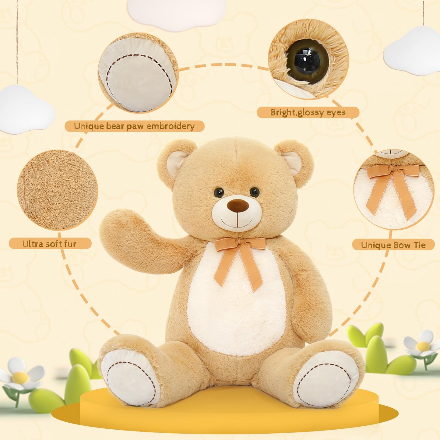 Tezituor 4.3 Feet Giant Teddy Bear Stuffed Animals, Large Teddy Bear 52 Inches With White Belly, Hug Big Plush Teddy Bear Valentines Day Gift For Girlfriend Kids, Light Brown