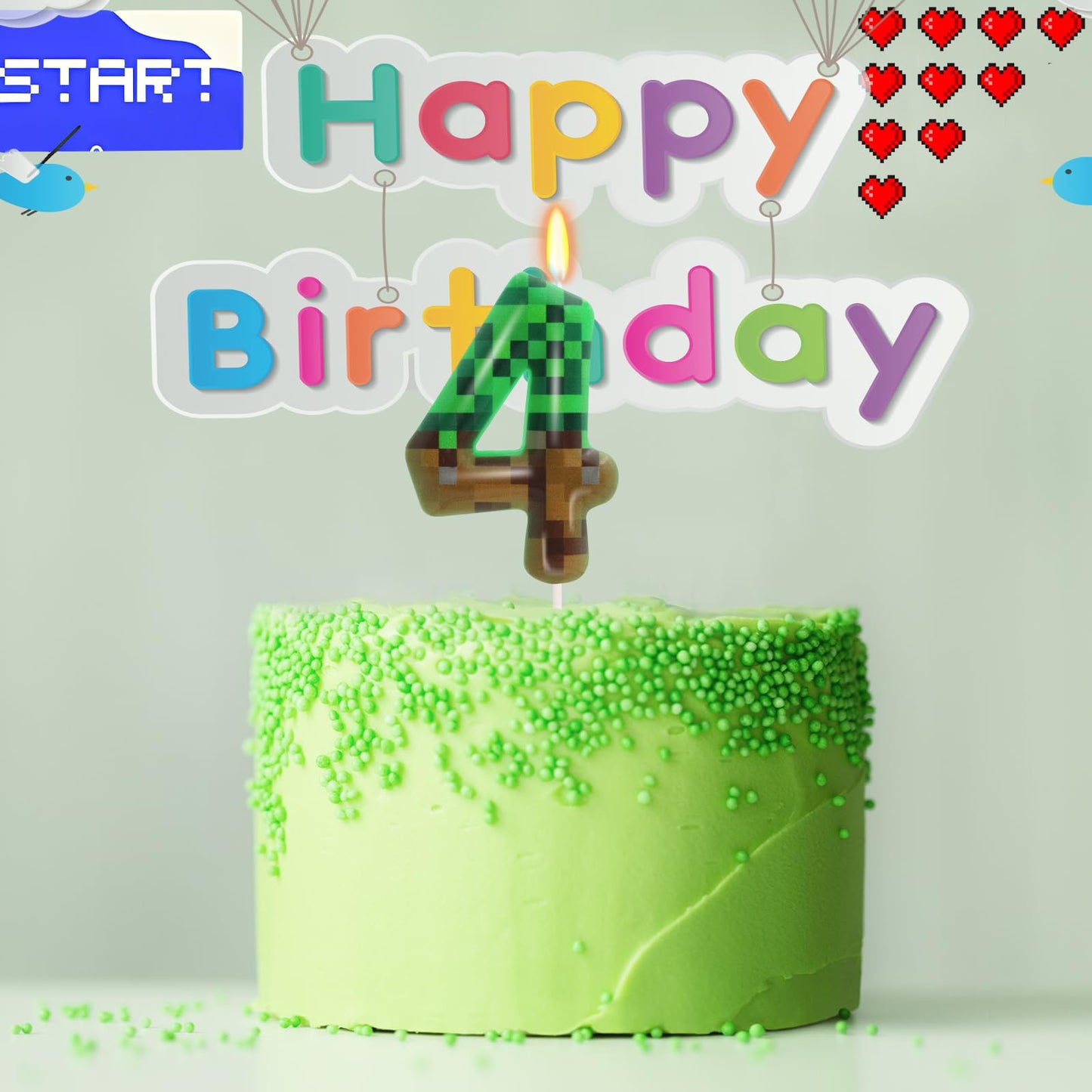 4th Pixel Miner Birthday Candles, Pixels Cake Topper for Boys Girls, TNT Themed Birthday Decorations Party Supplies (Number 4)