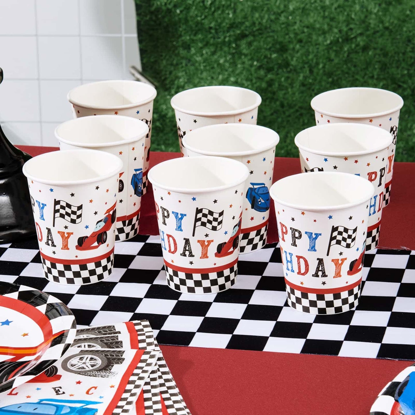 Wernnsai Racing Car Party Supplies For Boys - 64 Pcs Disposable Party Tableware Kit Includes Paper Luncheon Dinner Dessert Cake Plates Napkins Cups Birthday Party Dinnerware Serves 16 Guests
