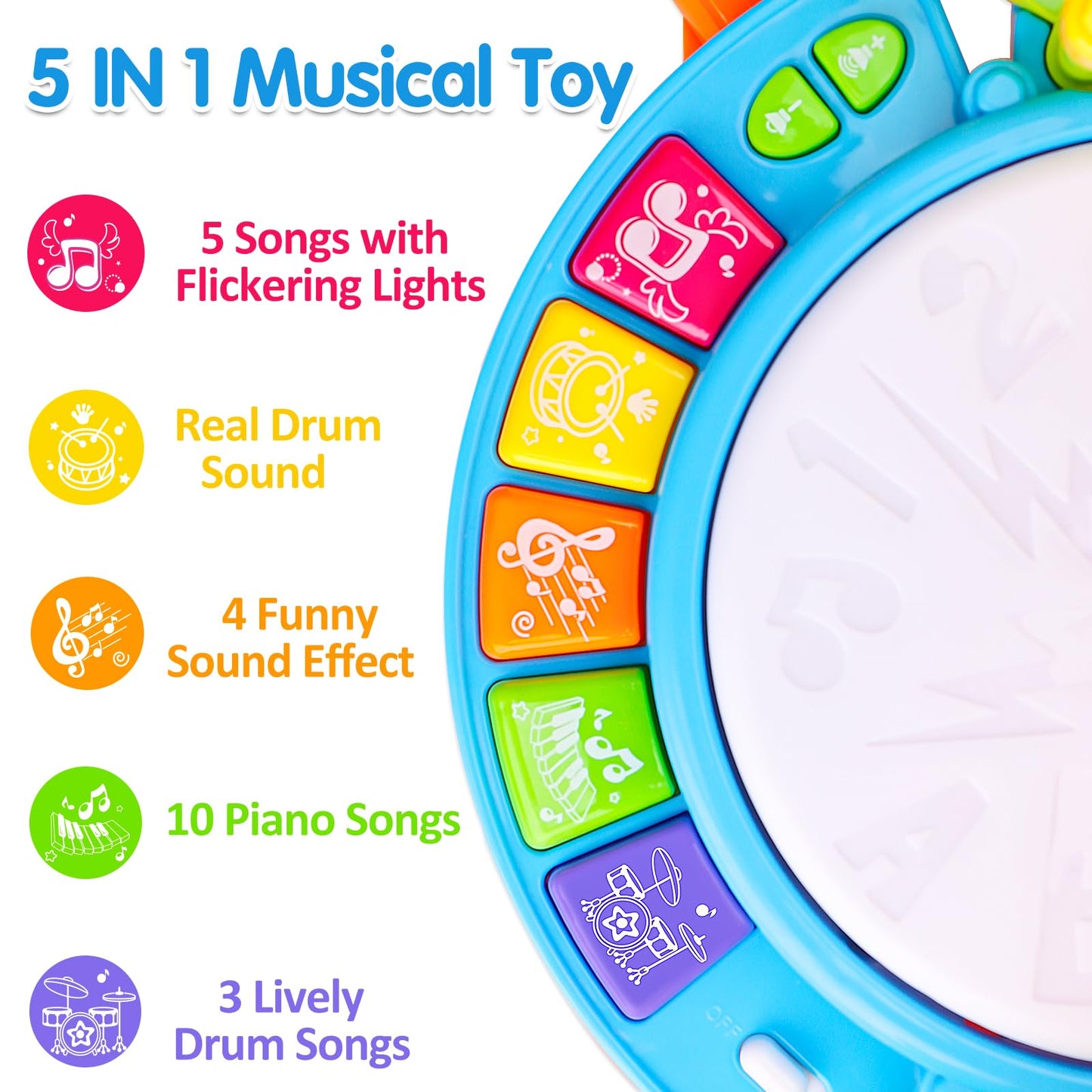 Drum Set For Toddlers 1-3 Musical Toys With 2 Sticks Microphone For 6-12 18 Months Baby Music Instruments Montessori Learning Toy Kids Toddler Drums Christmas Birthday Gift For 1 2 3 Year Old Boy Girl