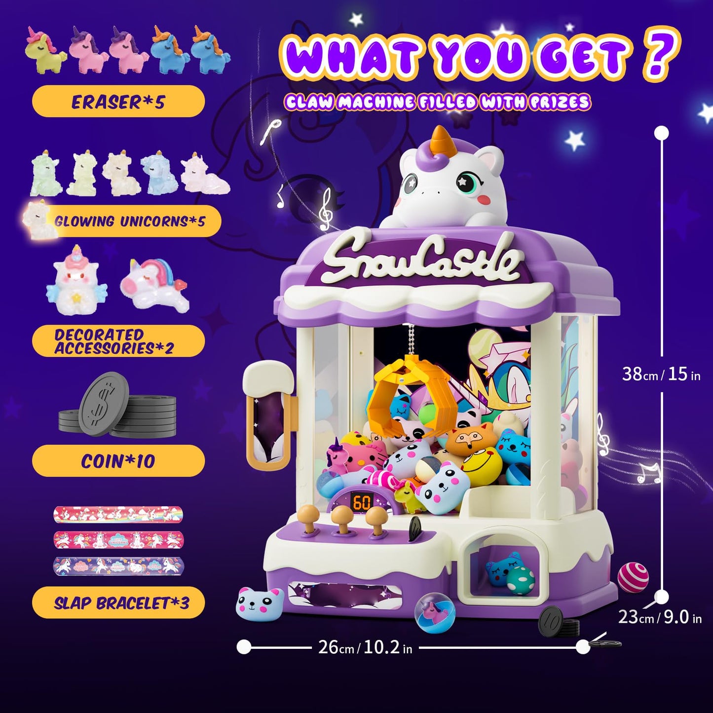 Skirfy Large Claw Machines For Kids,Unicorns Toys For Girls Age 6+,Candy Dispenser Arcade Games Mini Vending Toy With Slap Brace