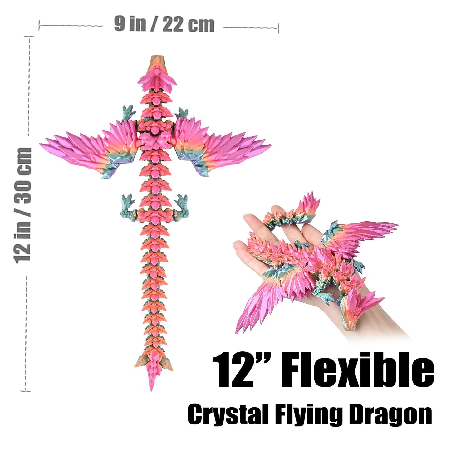 Locyfens 3D Printed Dragon With Wings Flying Dragon, Rainbow Articulated 3D Dragon Toys, 3D Printed Crystal Wing Dragon Without