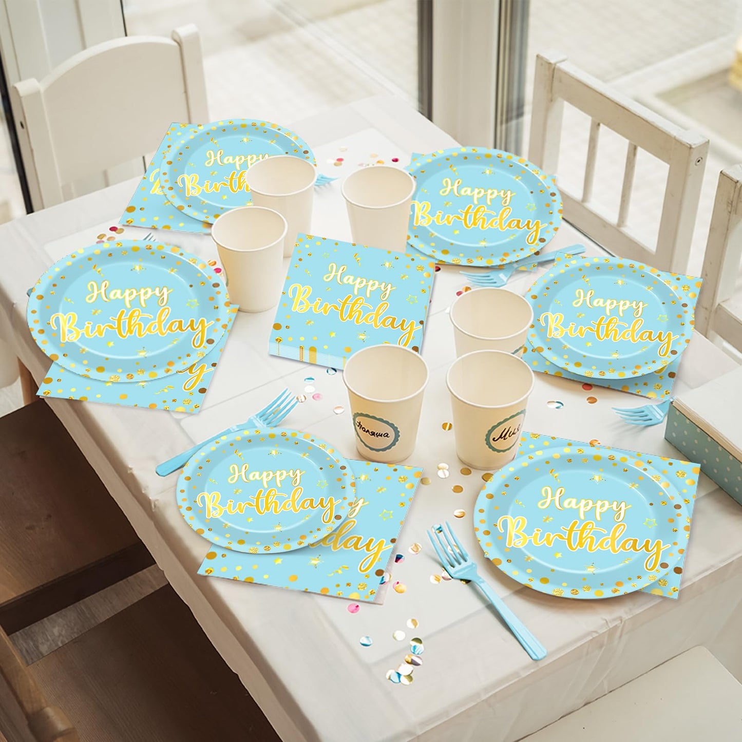 CHUNNIN 96PCS Blue Birthday Plates and Napkins Birthday Party Decorations Light Blue and Gold Dessert Plates Tableware for 24 Gu
