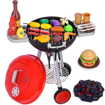 ITEFDTUTNE 35 PCS Cooking Toy Set, Kids Kitchen Toy, BBQ Grill Playset with Pretend Smoke, Outdoor Interactive Cooking Game Gift