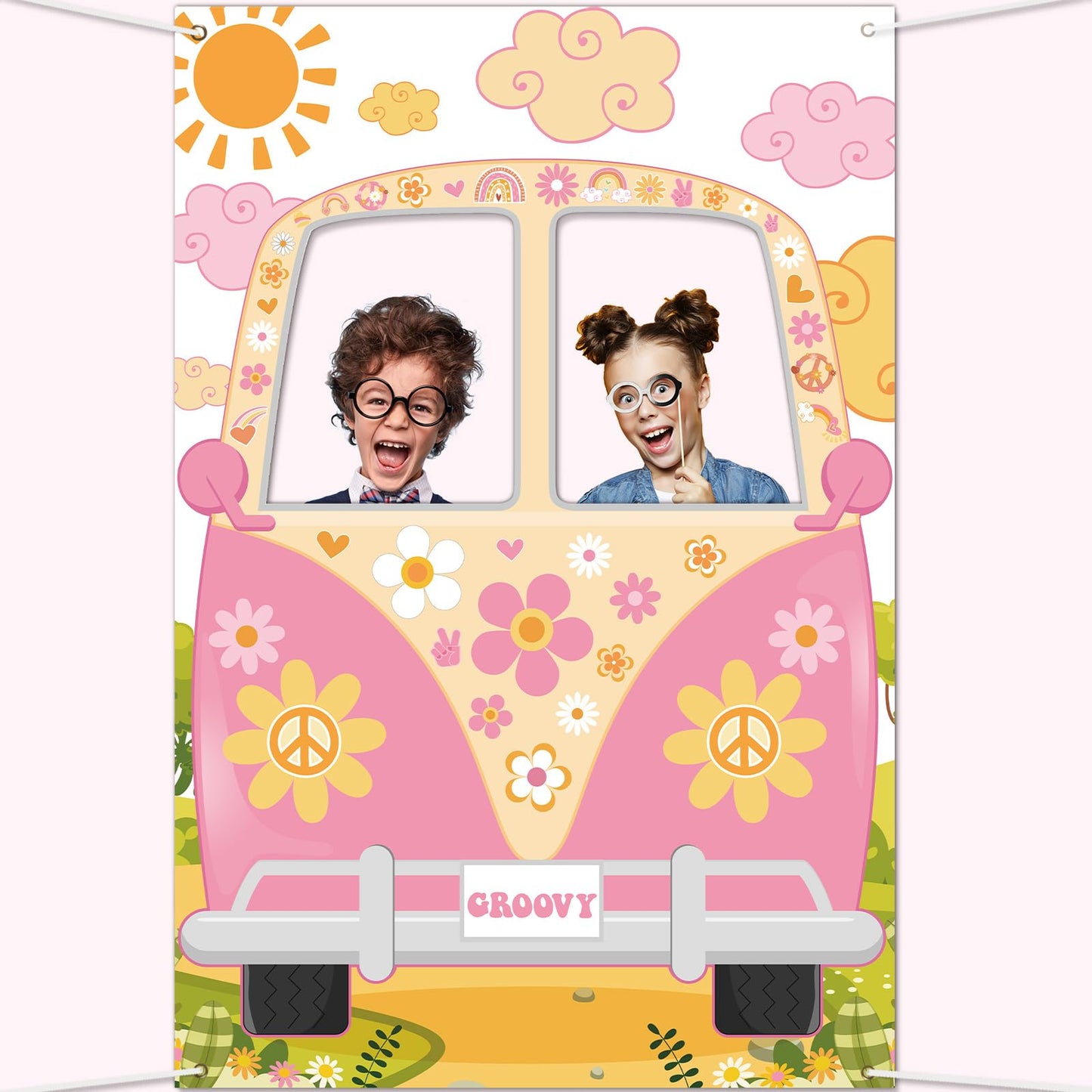 Hippie Bus Photo Prop Groovy Party Decorations Large Fabric Groovy Van Prop Hippie Selfie Frame Backdrop Background Banner Birthday Party Supplies Retro Daisy 60S 70S Party Favors 59 X 39.4 Inch