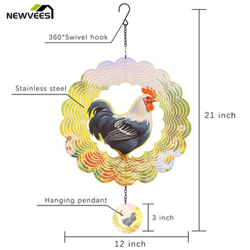 Newvees Rooster Metal Wind Spinners - Chicken Gifts For Women Mom Grandma Wife, Hanging Cock Wind Spinner For Outdoor & Indoor D