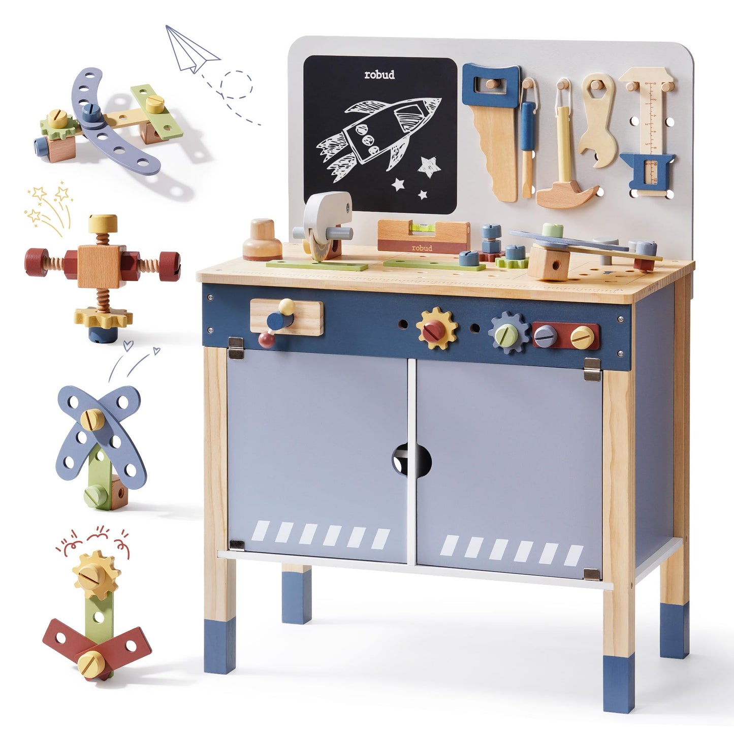 ROBUD Wooden Toy Workbench, Large Kid's Wooden Play Tool, Pretend Play Creative Building Set, Construction Workshop Tool Bench T