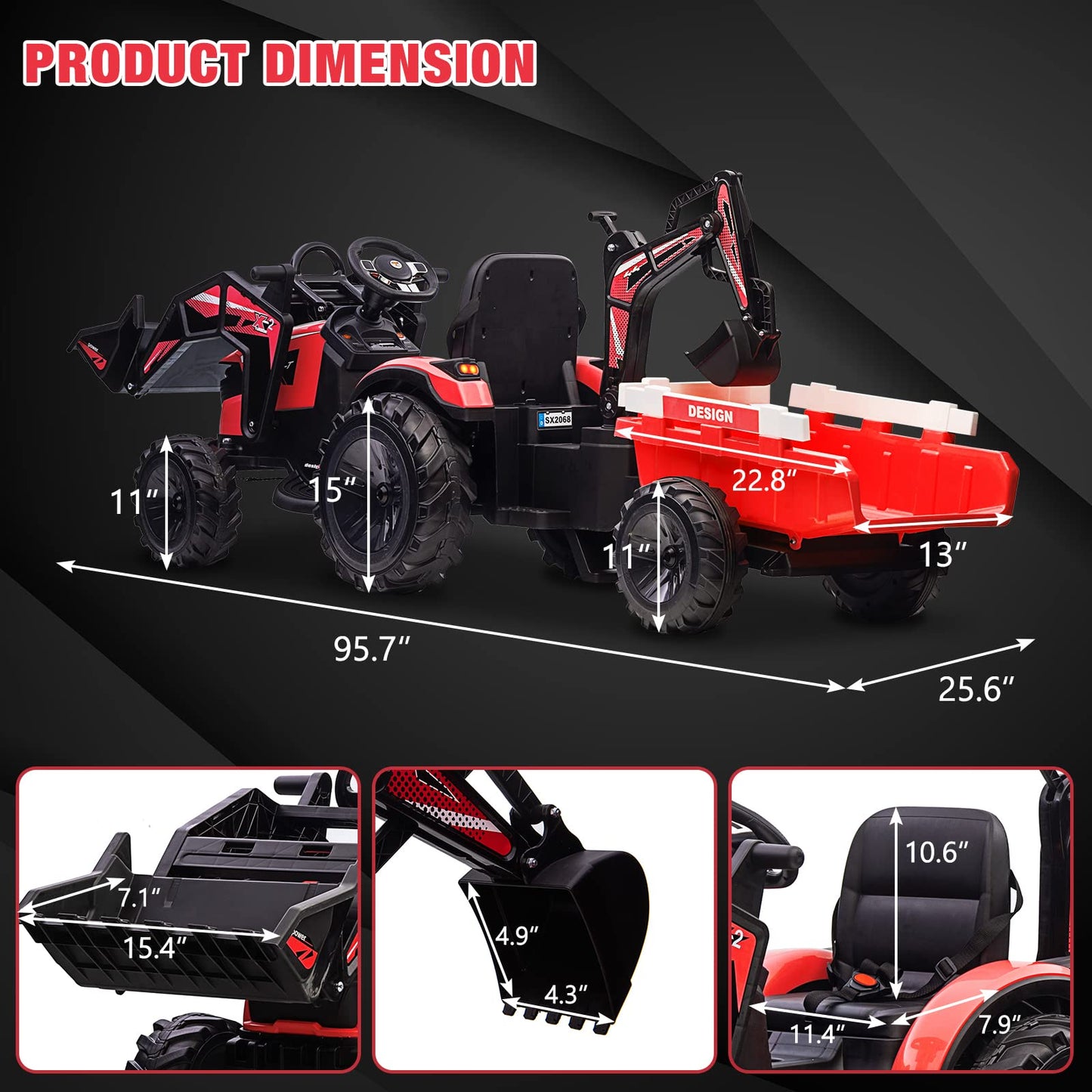 3-In-1 Kids 24V Ride On Tractor, Ride On Car Toy Excavator & Bulldozer - Battery-Powered Electric Vehicle W/Trailer, Digger, Rem