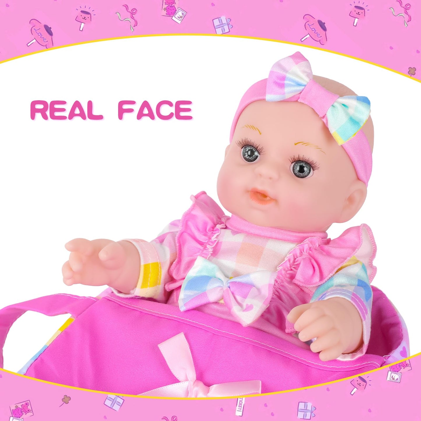 12 Girls Baby Doll With Carrier Bassinet Bed,Pink Plaid Pattern Newborn Baby Dolls Playset With Clothes And Accessories Include