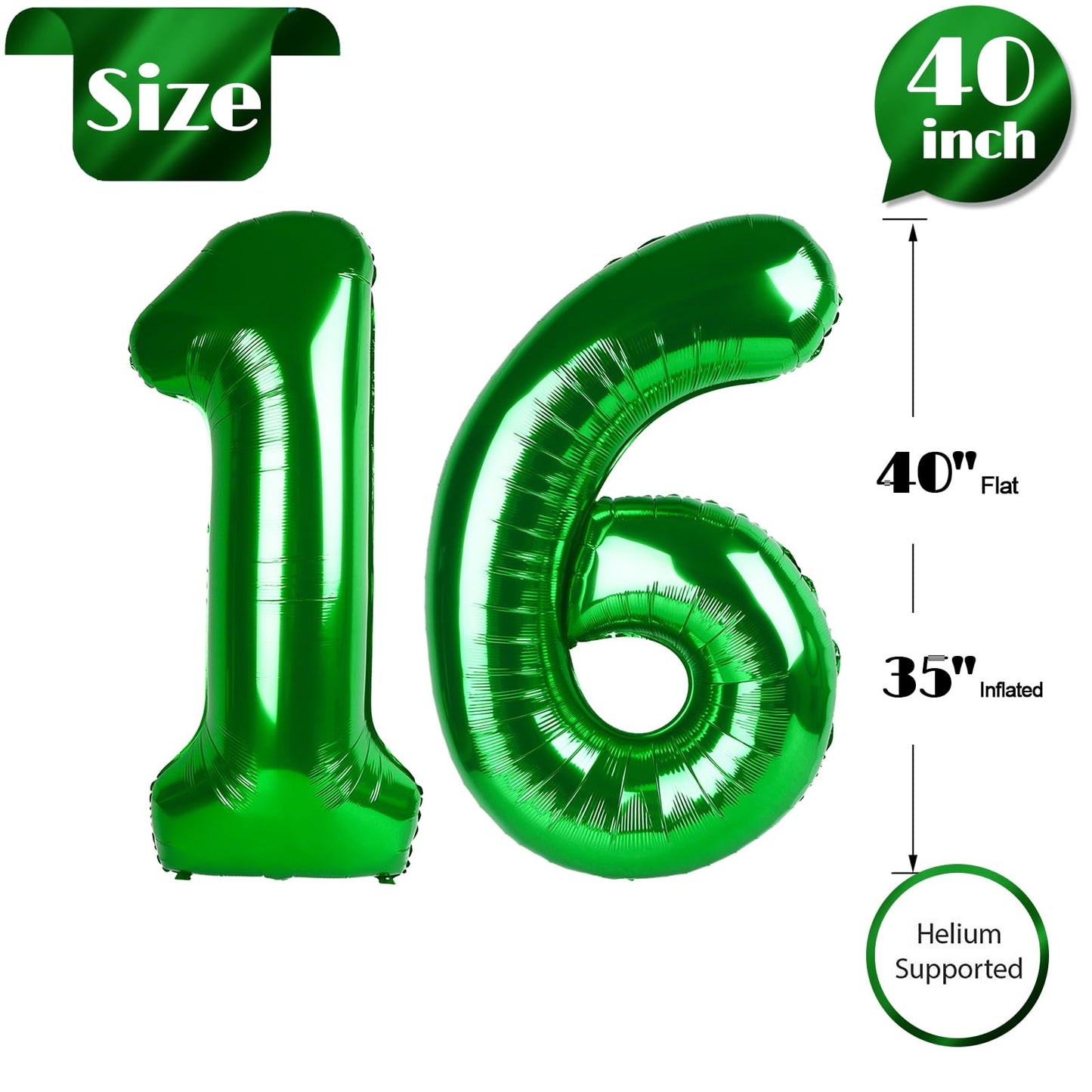 16 Balloon Number, Green Number 16Th Birthday Balloons 40 Inch, Sweet 16 Years Old Green Birthday Decorations For Boys Girls, 16