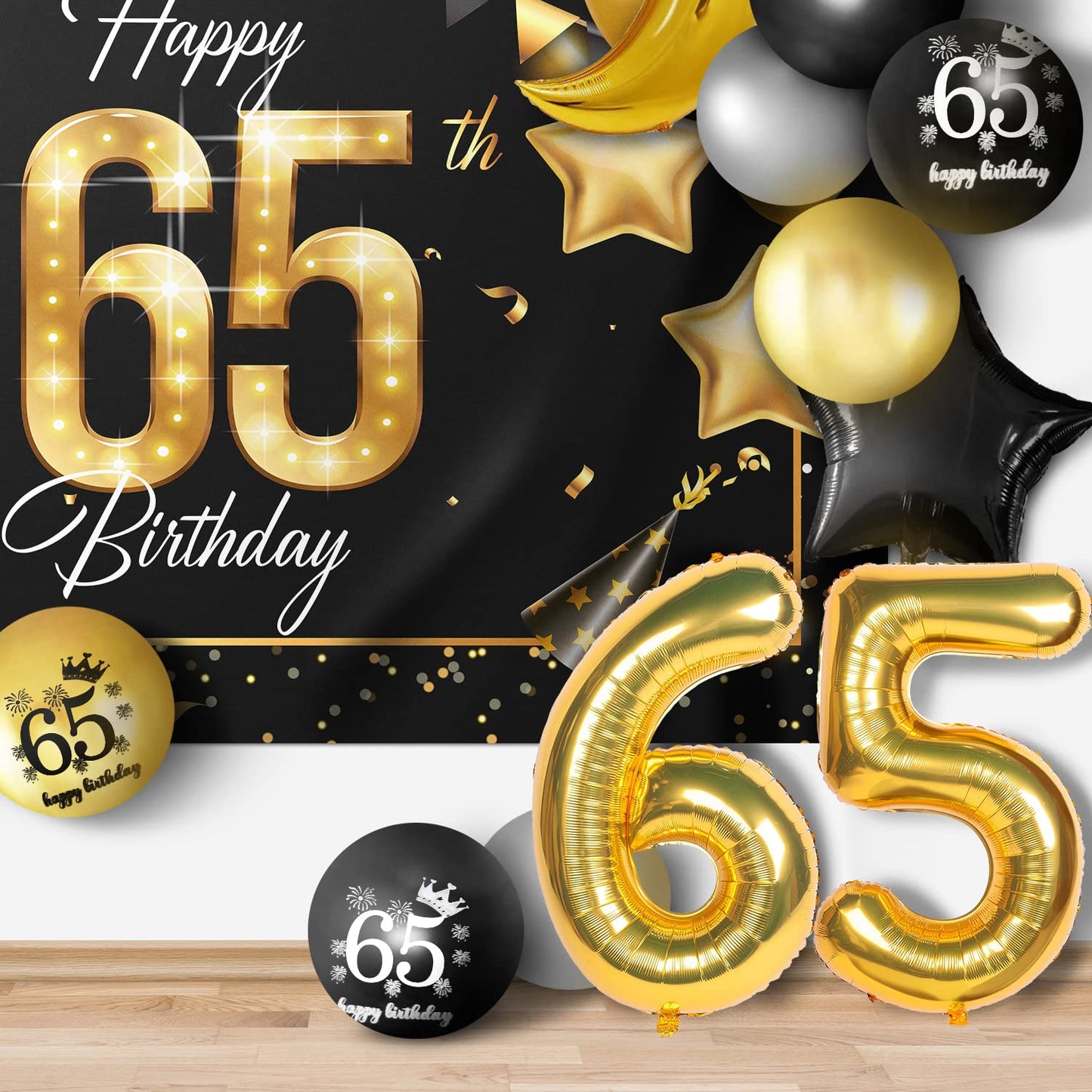 Happy 65Th Birthday Balloons Gold Set Decor - Cheers To 65 Years Old Party Theme Garland Star Moon Banner Backdrop Decorations F