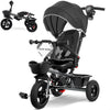 RIDYEE 7-in-1 Tricycle for Toddlers 18 Months to 5 Years, Grey, All-Terrain Rubber Tires, Rotatable Seat, Dual Wheel Brakes