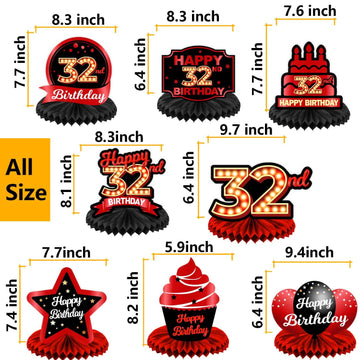 Happy 32Nd Birthday Red And Black Table Honeycomb Centerpieces Balloons Theme Decor Table Decorations Table Toppers For Girls Women Princess 32 Years Old Birthday Party Bday Supplies Background Gold