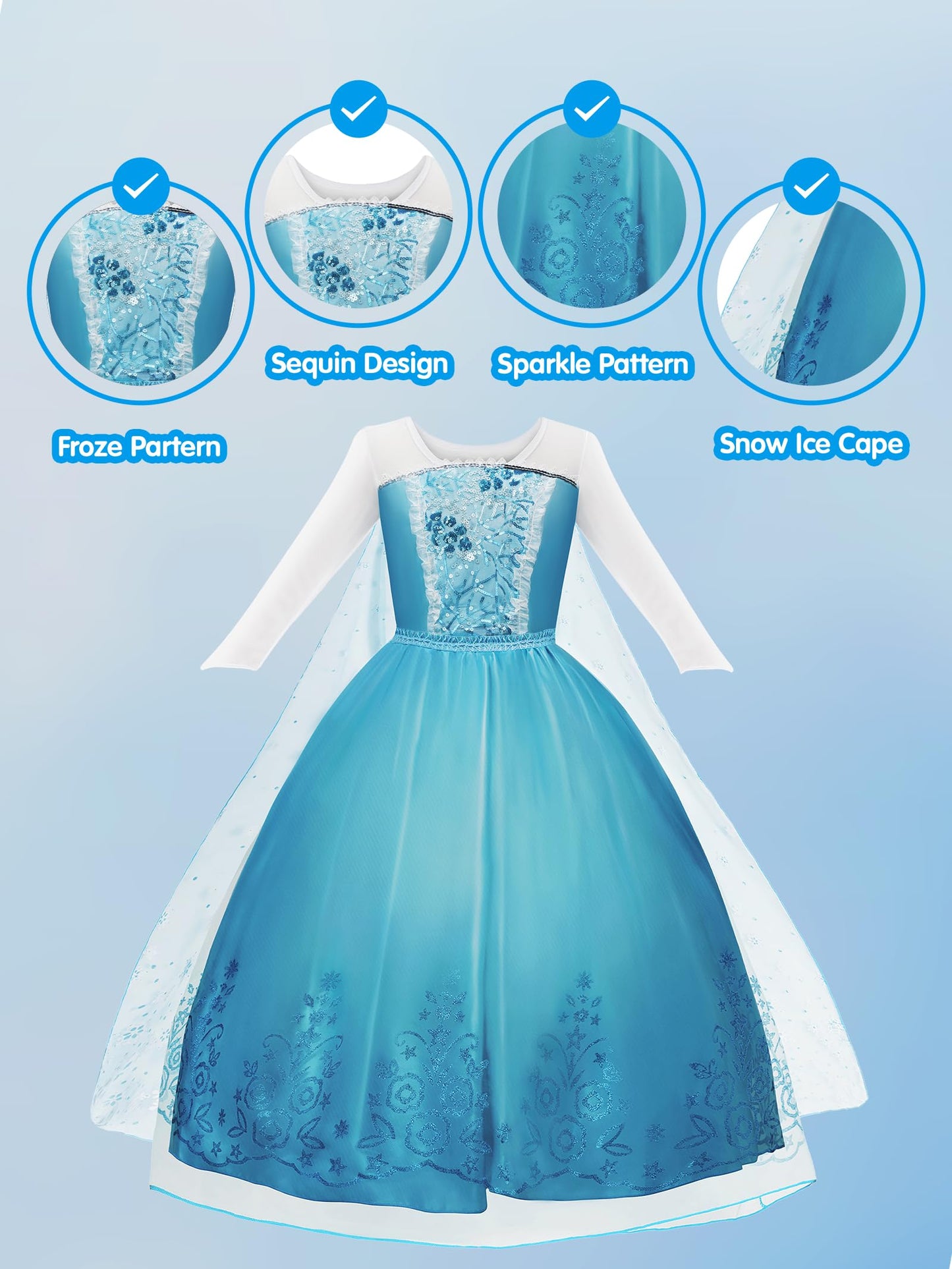 Uporpor Magical Princess Dress Up Clothes With Cape For Little Girls Halloween Costume Toddler Kids Led Birthday Light Up Dress Party, Blue 110