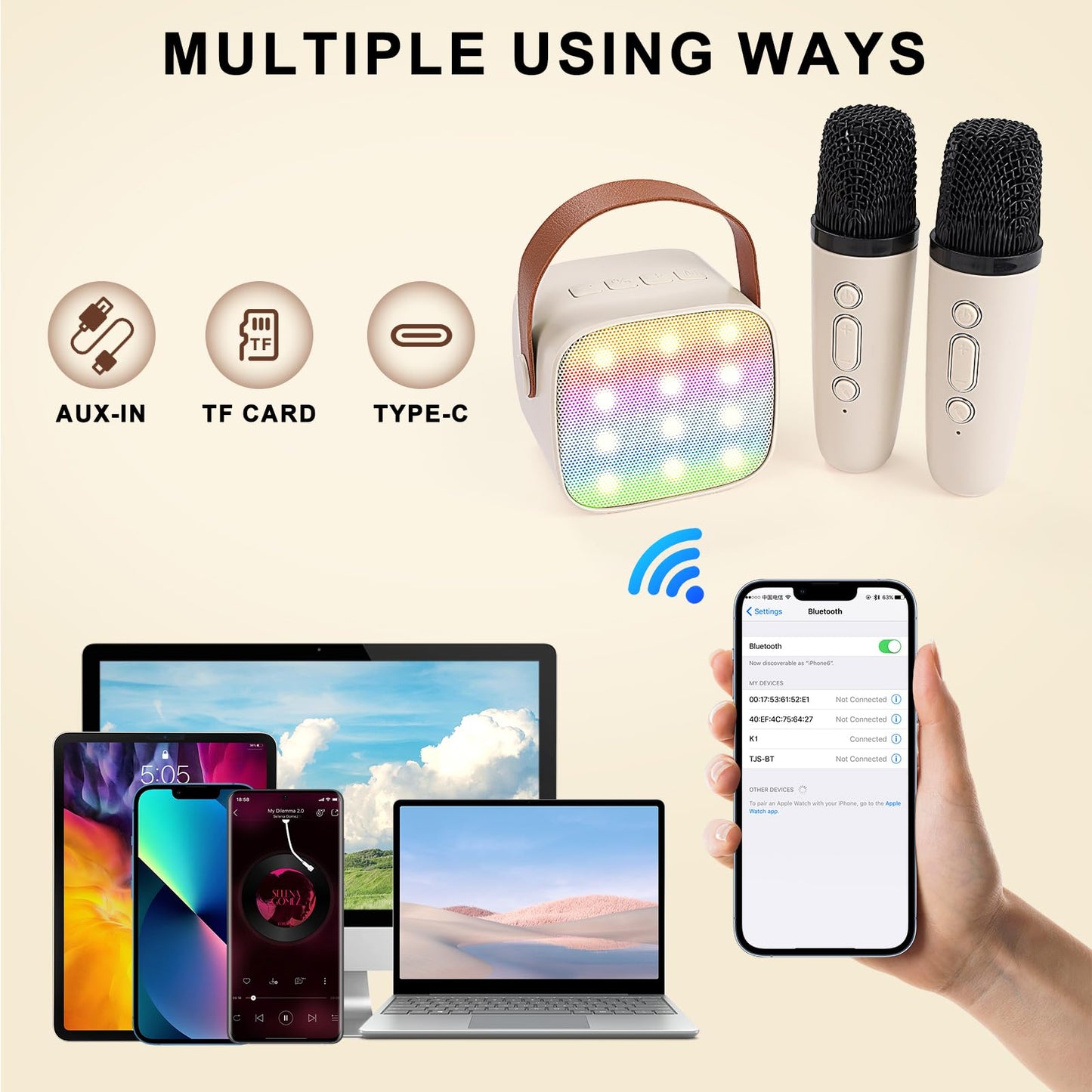 Mini Karaoke Machine - Bluetooth Portable Speaker With 2 Wireless Microphones & Led Lights, Birthday Gift For Girls & Boys Ages