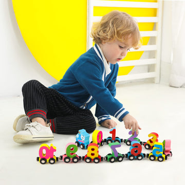 Wondertoys Wooden Magnetic Number Train Set - 12 Pcs With 1 Engine Car For Toddlers Boys And Girls - Compatible With Major Brand