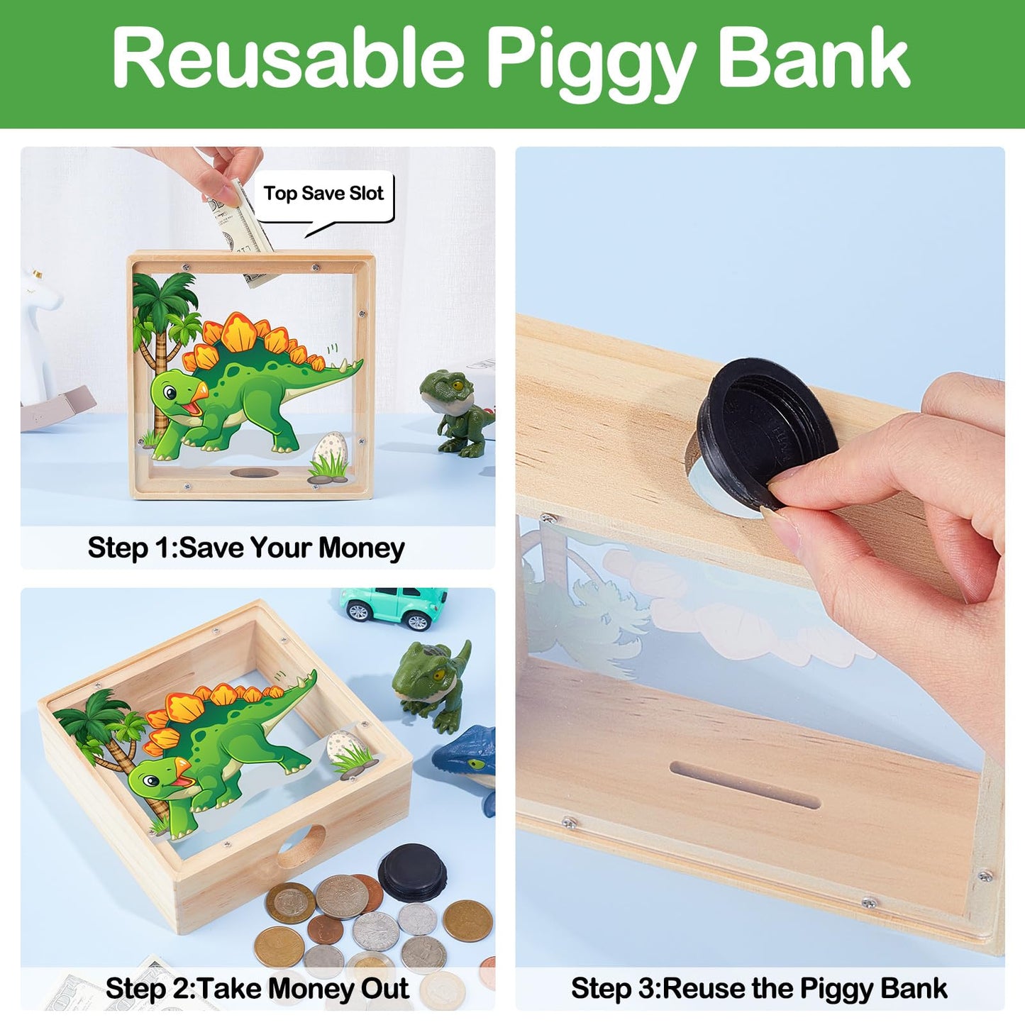 Piggy Bank For Boys, Wooden Dinosaur Piggy Bank For Kids Cartoon Money Bank Coin Bank With Diy Alphabet Stickers,Green Yellow