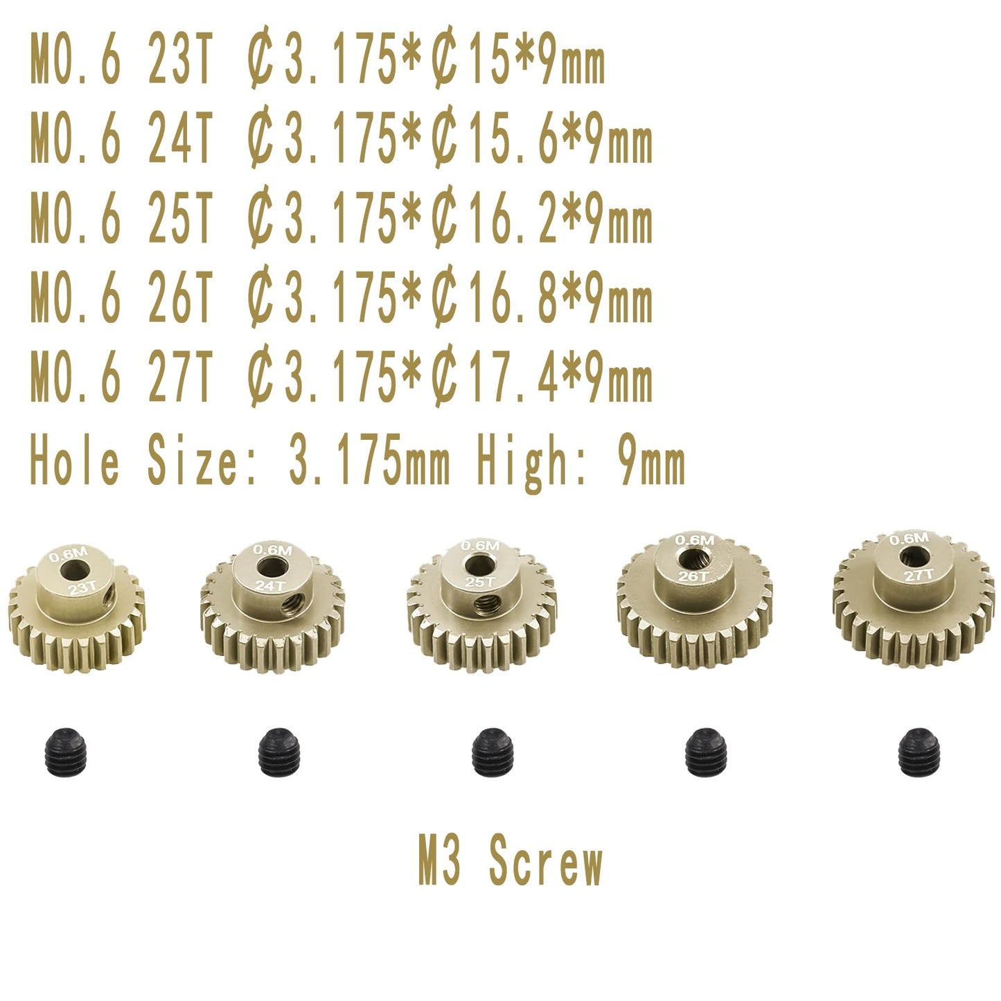 M0.6 Pinion Gear Set 3.175Mm 23T 24T 25T 26T 27T 5Pcs 7075 Aluminum Alloy Metal Pinion Motor Gear For 1/10 Rc Car Brushed Brushl