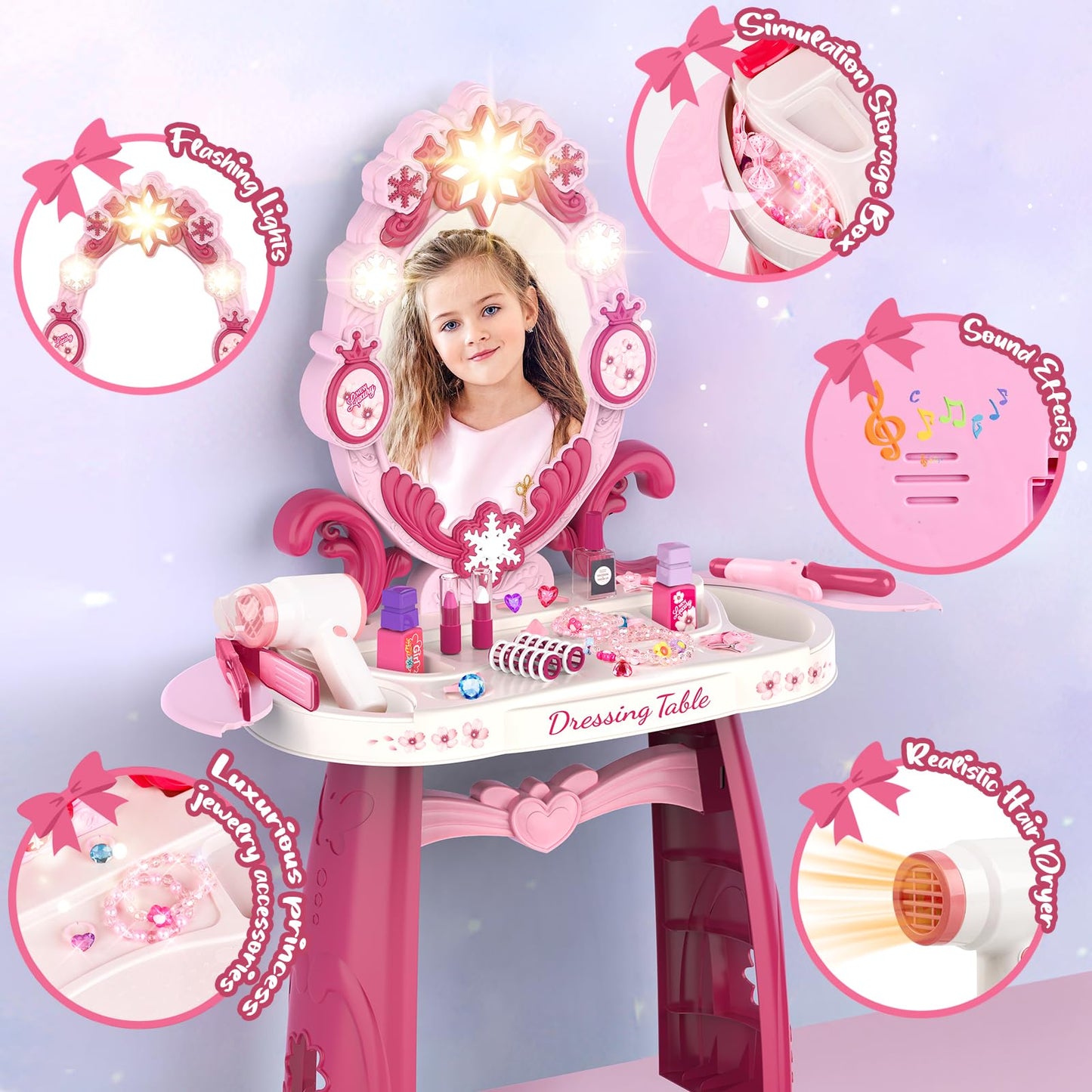 Toddler Makeup Table Toy With Mirror And Chair, Kids Pretend Play Vanity Set With Lights And Sounds Hairdryer, Make Up Accessori