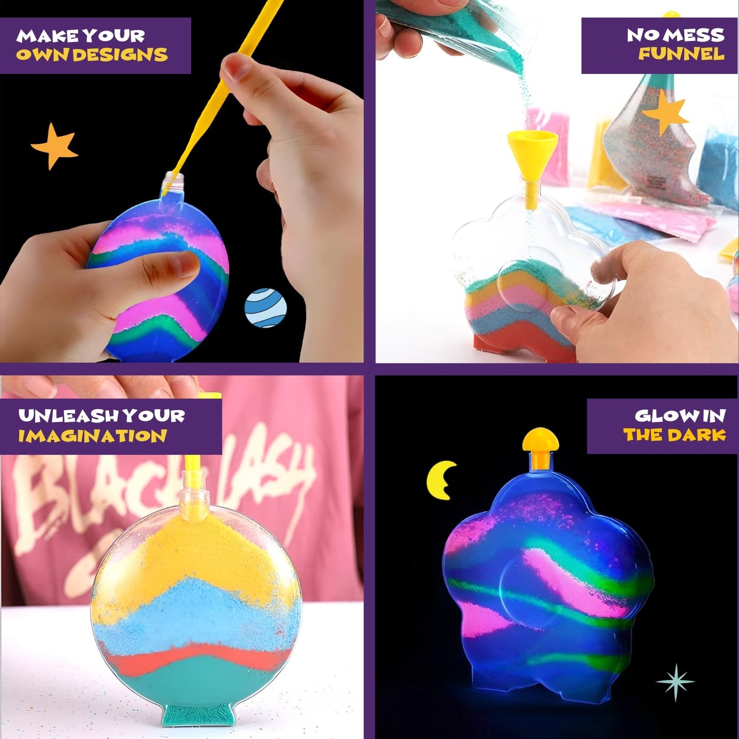 12 Pack Create Your Own Magic Sand Art Glitter Activity | Glow in the Dark Colored Custom Sand Kits for Kids - Includes 12 Bottl