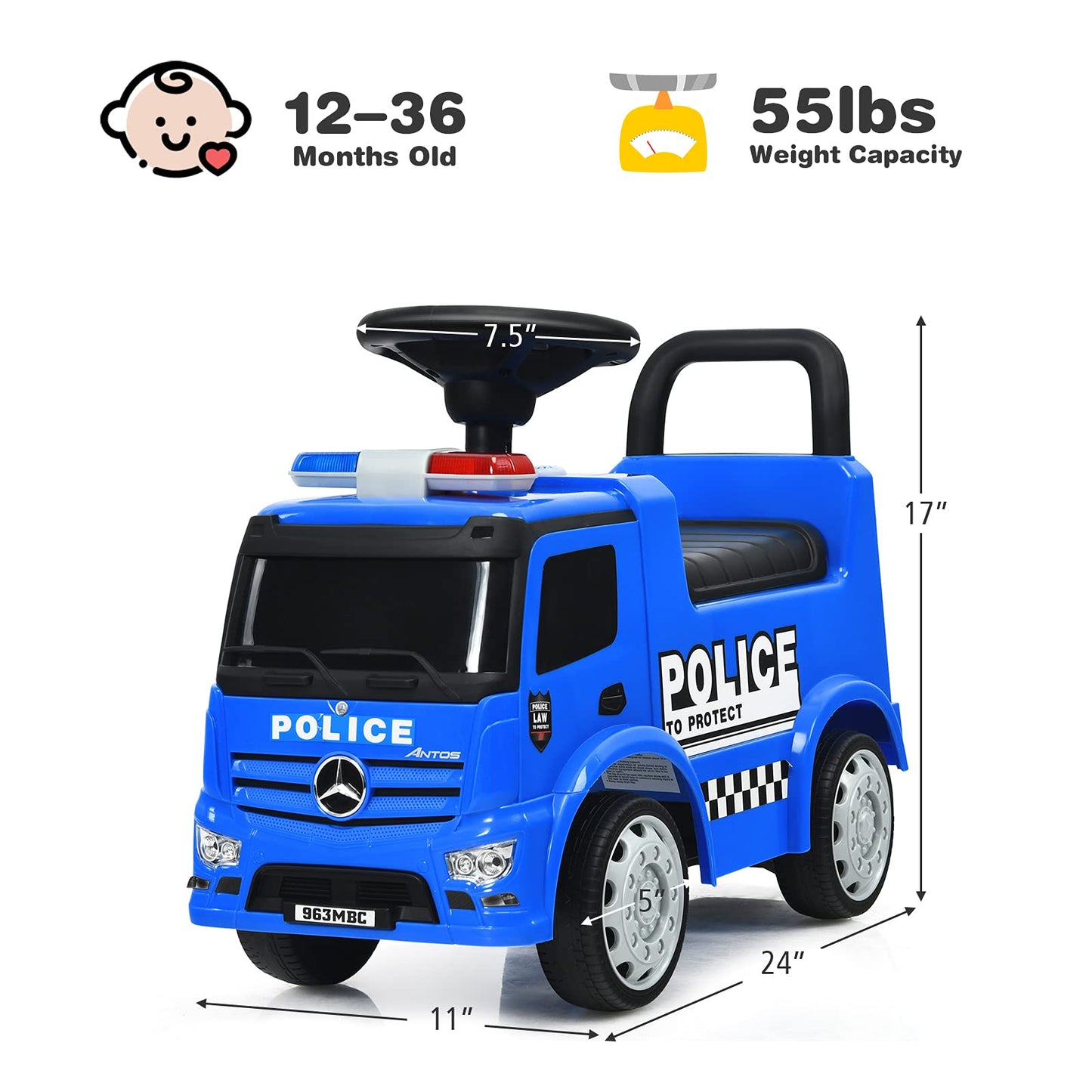 Costzon Ride On Push Car For Toddlers, Licensed Mercedes Benz Sliding Car W/Steering Wheel, Horn, Headlights, Under Seat Storage, Foot-To-Floor Riding Toy For Boys Girls 1-3 Years (Police Car, Blue)
