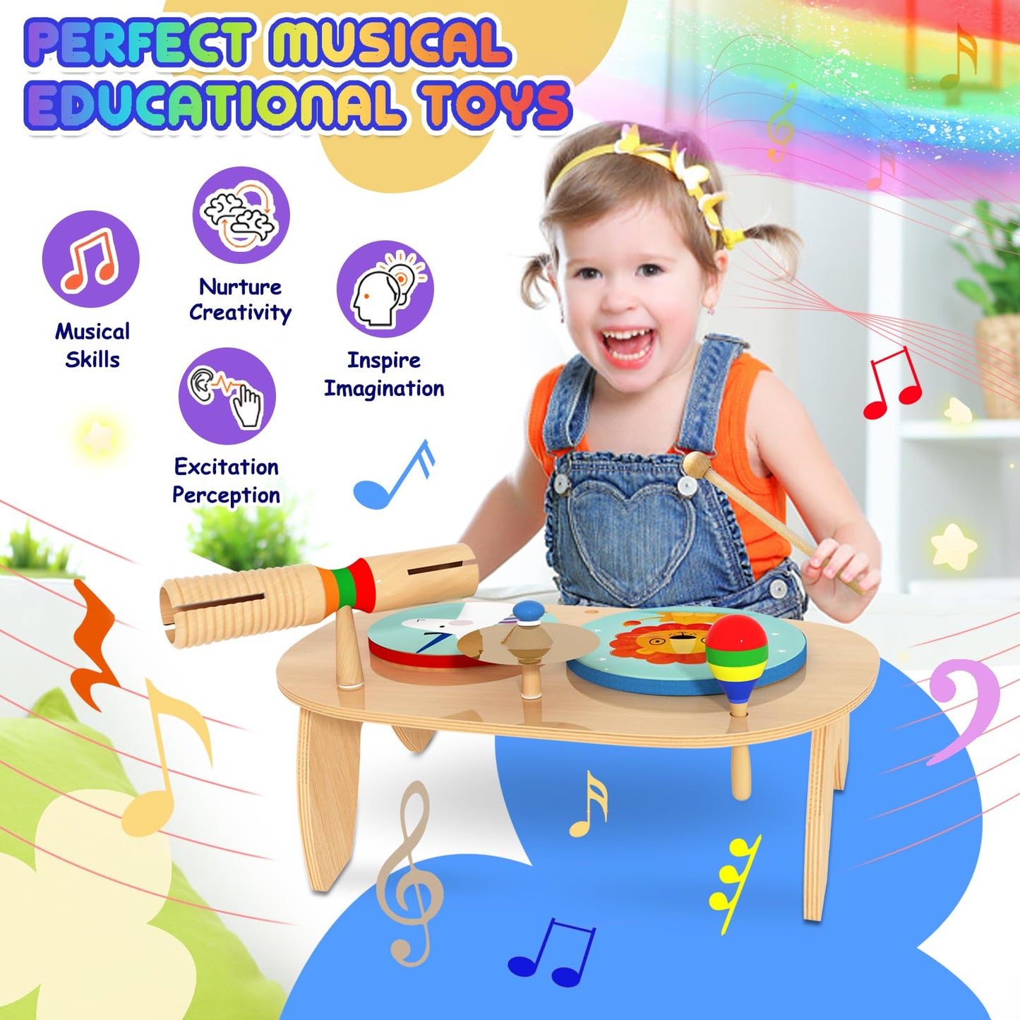 Looikoos Kids Drum Set For Toddlers 1-3, All In One Montessori Musical Instruments -Wooden Percussion Educational Preschool Music Toys For Baby 12-18 Months