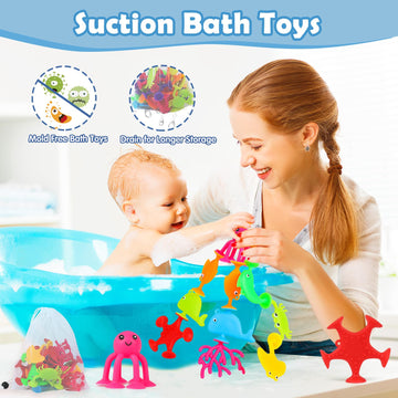 Baby Suction Cup Toys, 18 Pcs Silicone Ocean Animals Suckers With Mesh Bag Storage, No Hole Mold Free Bath Toys For Kids Ages 4-8, Sensory Window Travel Toys For Toddlers Boys Girls 3 4 5 6 Year Old