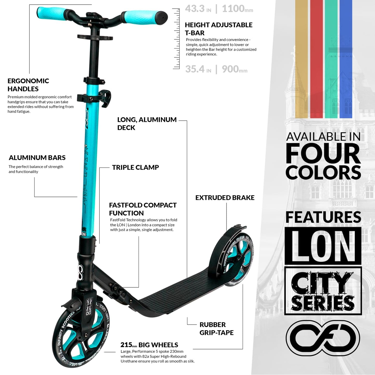 Crazy Skates Foldable Kick Scooter - Kick Scooters For Adults, Teens And Kids With Carrying Strap - Fast Folding, Adjustable Handlebars And Lightweight - London Scooter (Lon) - Teal