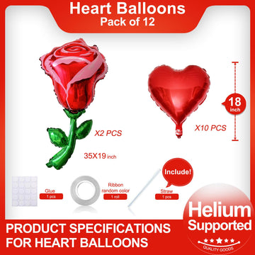 12 Pcs 18 Inch Red Heart Balloons Red Flower Rose Balloons Red Valentines Day Decorations For Valentines Day Bridal Shower Weddi