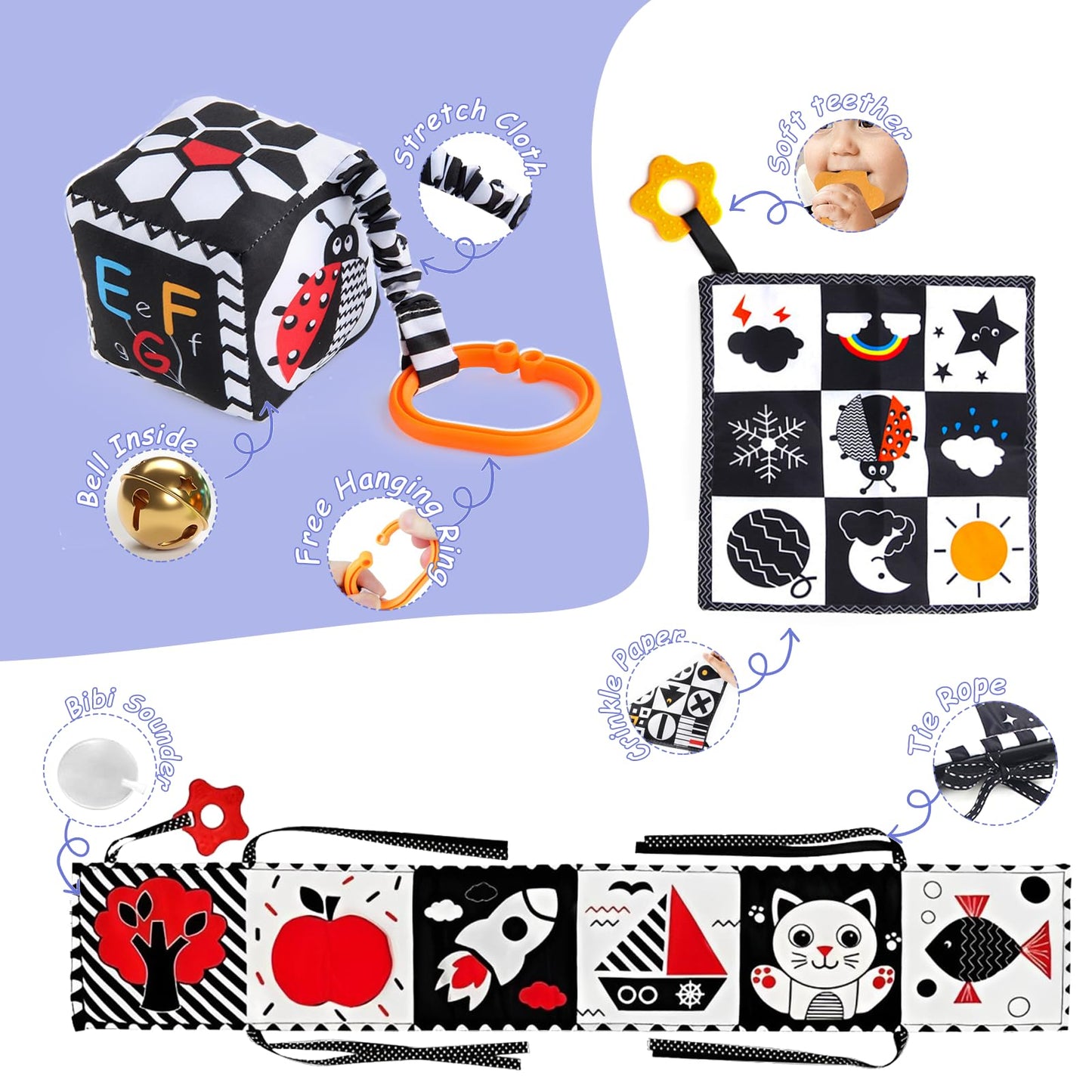 Black And White Baby Toys, High Contrast Newborn Toys 3-6 Months Brain Development, Tummy Time Toys, Infant Sensory Toys 0-6-12