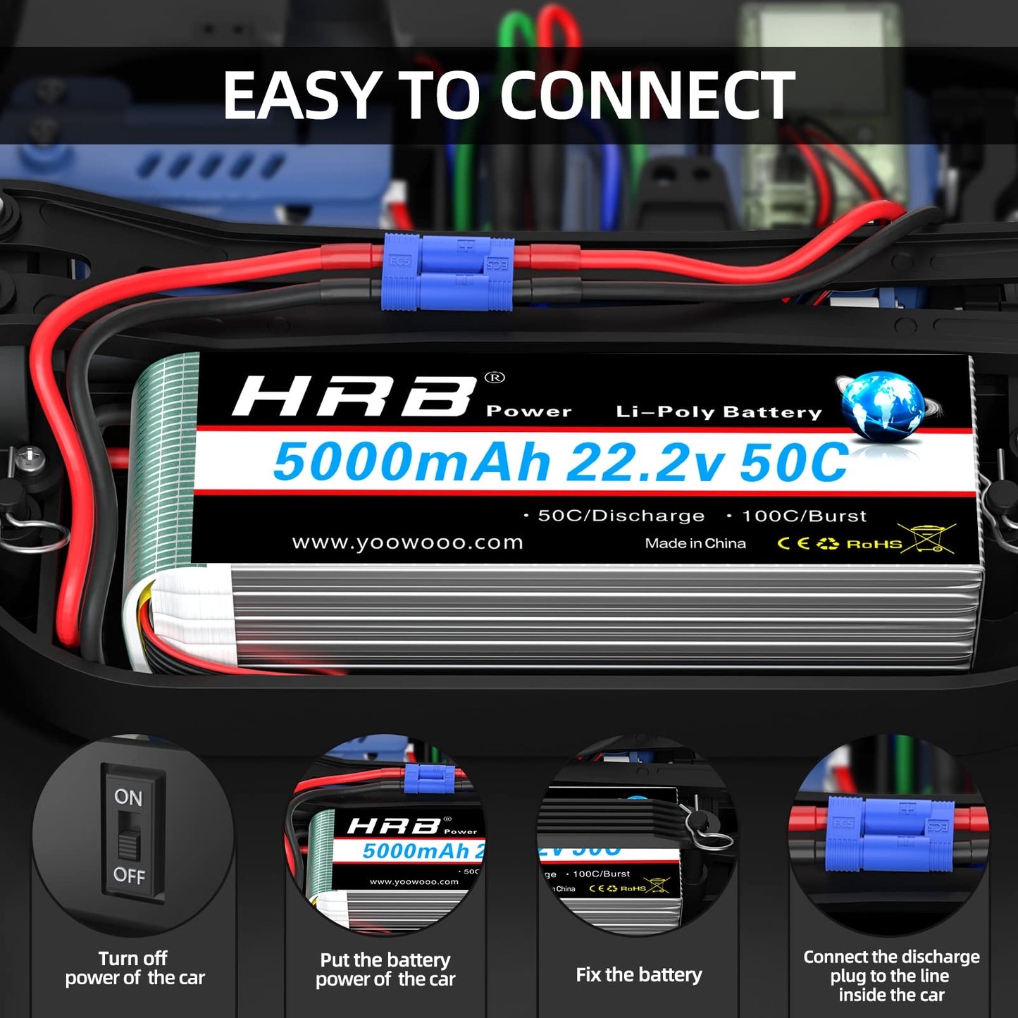 HRB 6S 5000mAh Lipo Battery EC5 Soft Case 50C 100C 22.2V RC Lipo Battery Compatible for RC Quadcopter Airplane 500 600 Helicopte