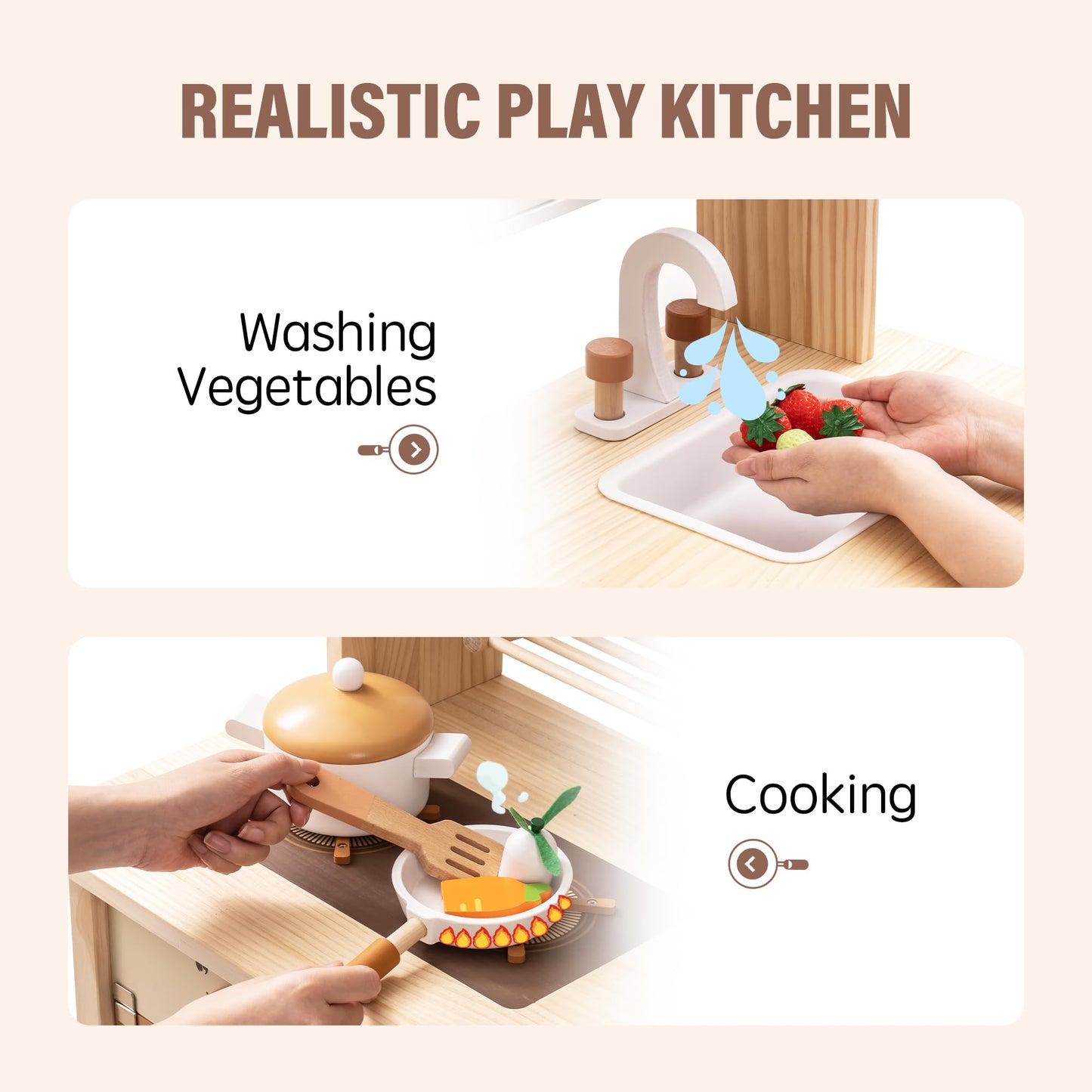 ROBOTIME Wooden Play Kitchen Set, Pretend Play Kitchen Wooden Toy Set for Kids w/Realistic Design, Kids & Toddlers Kitchen Plays
