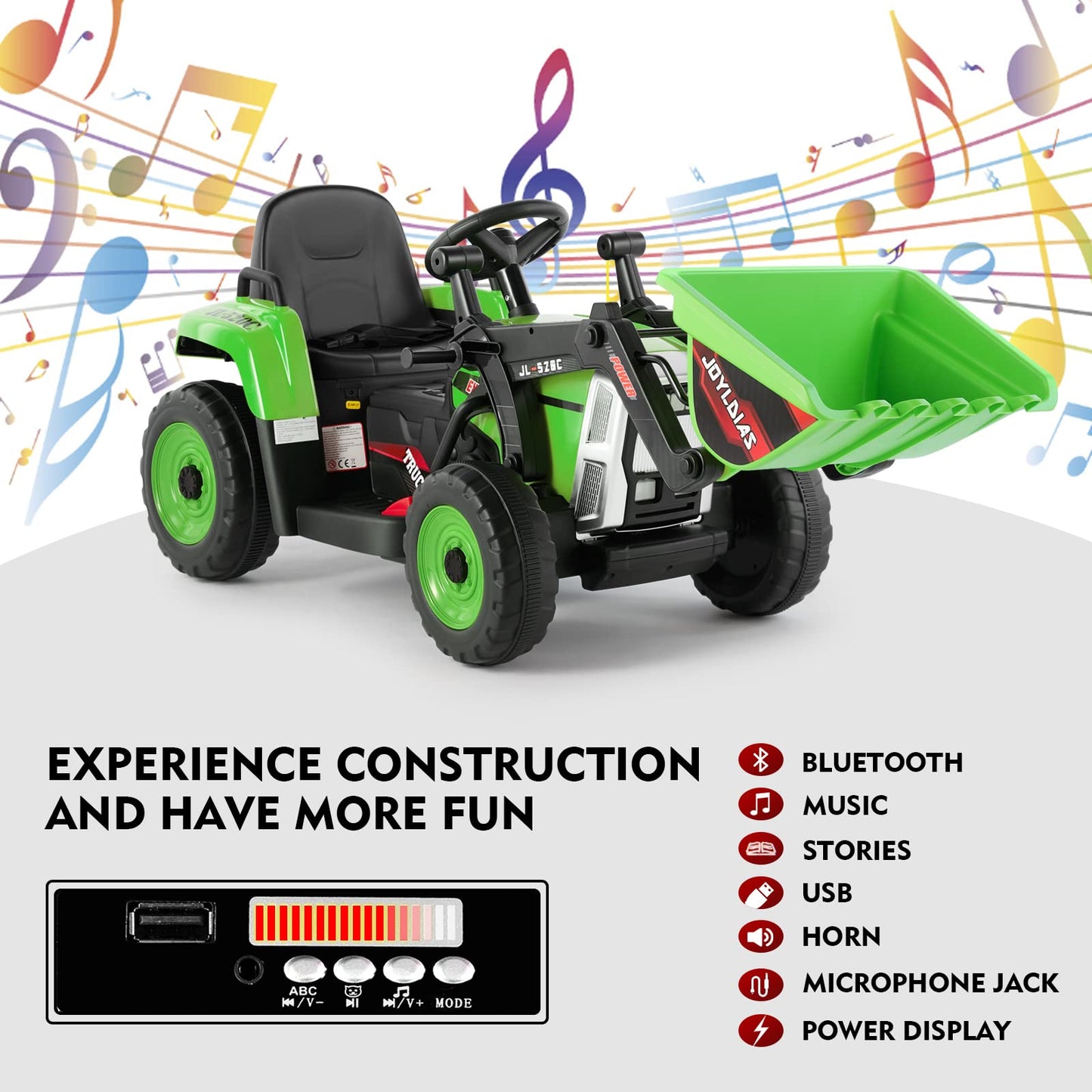 Joyldias 12V Ride On Excavator With 2.4Ghz Remote Control, Electric Construction Vehicle Bulldozer For Kids Digger With 3 Speeds, Bluetooth, Microphone Jack, Music, Lights, Green