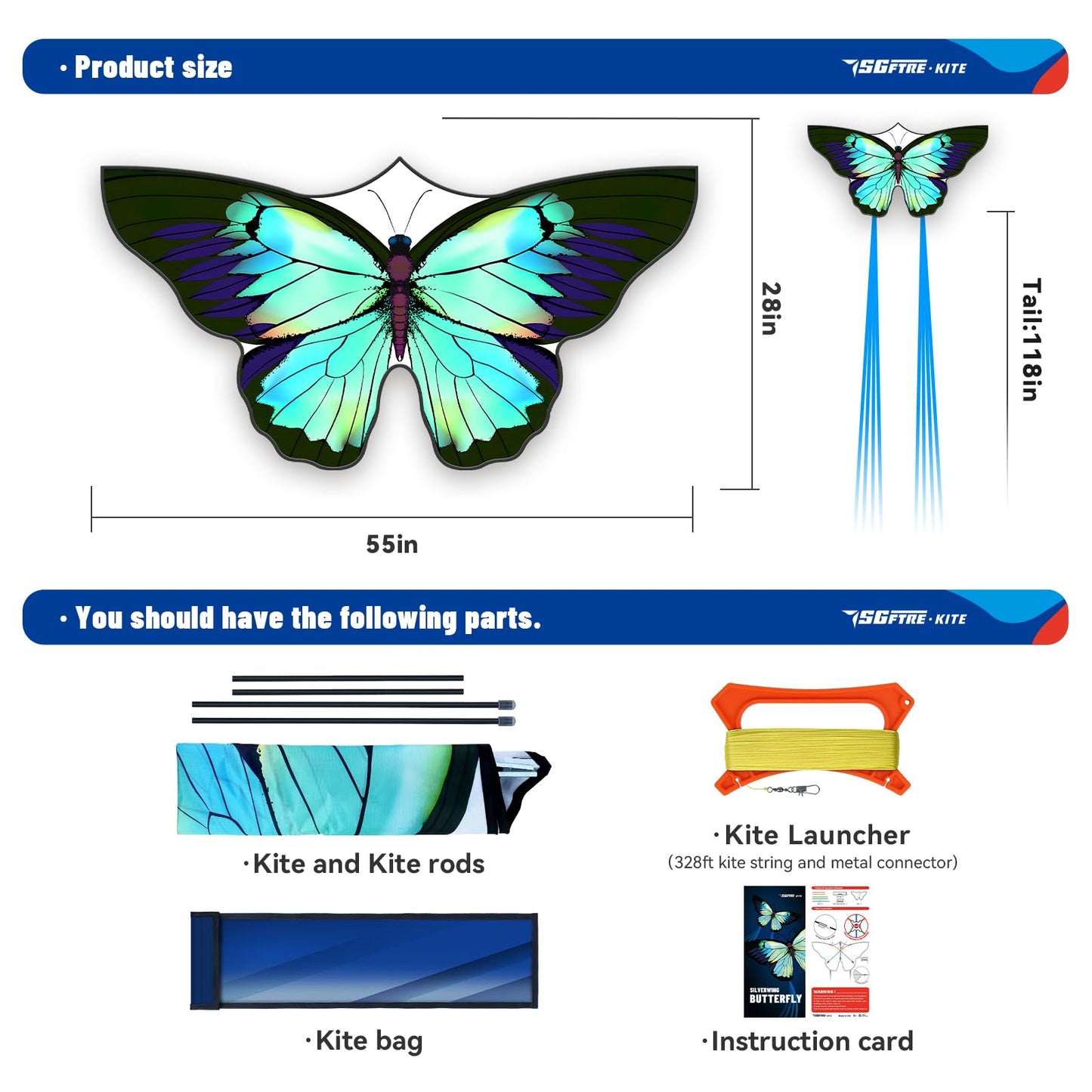 Sgftre Green Butterfly Kite Premium Quality, Easy To Fly Perfect Outdoor Toy For Kids And Adults,Beach And Park Kite For Family