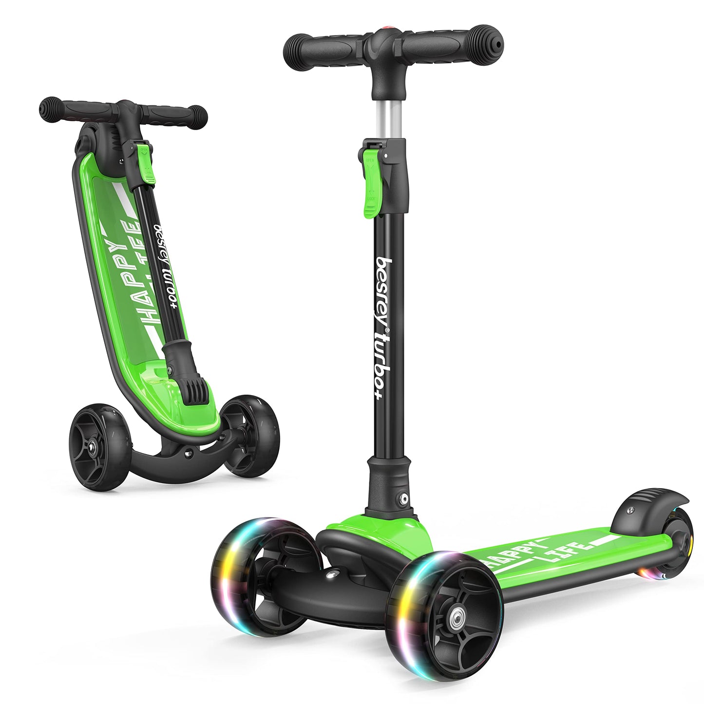 Besrey Kick Scooter For Kids Ages 3-10, 3 Wheel Scooter For Kids With Adjustable Height, Folding Kids Scooter With Led Light Wheels Rear Brak Extra Wide Deck Outdoor Activities For Boys/Girls (Green)