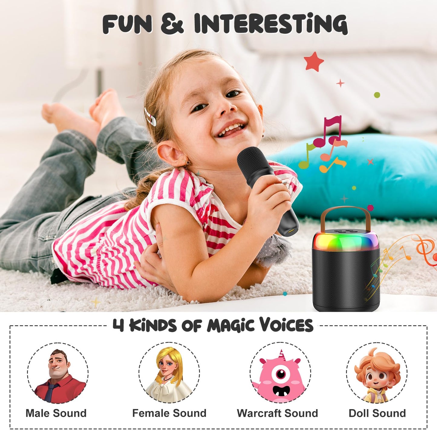 Iyoyo Mini Karaoke Machine For Kids Portable Bluetooth 5.3 Speaker Led Lights With 2 Wireless Microphones Karaoke Toy Gifts For Girls Boys Audlt Birthday Christmas Solid Metal Body (Black)