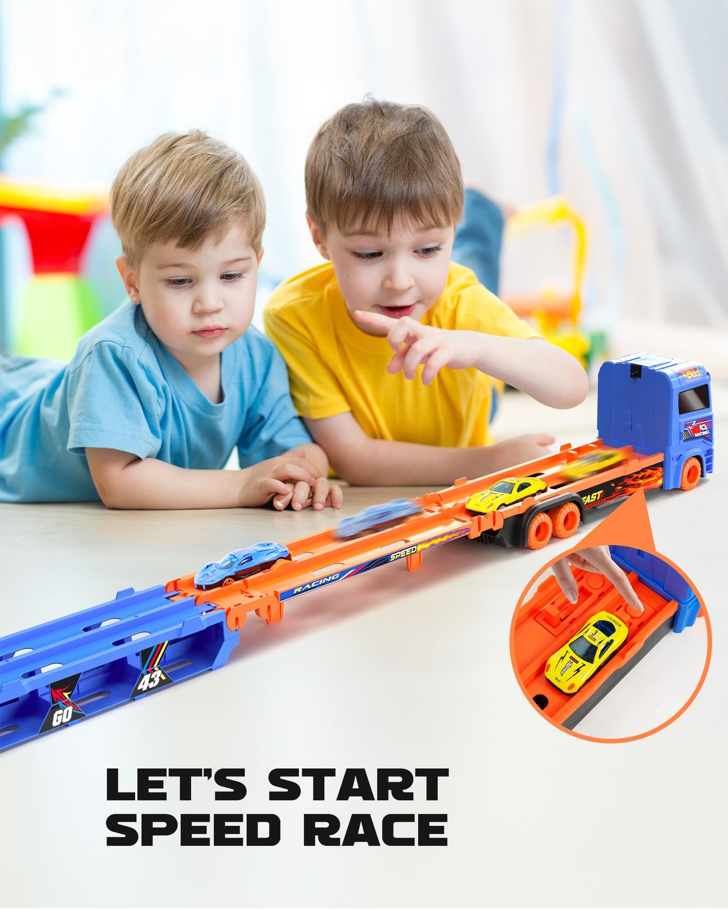 Carrier Truck For 3 4 5 6 Year Old Kids With Foldable 5.3Ft Track, 6 Die-Cast Metal Small Race Cars, Dual Rail Ejection Device,