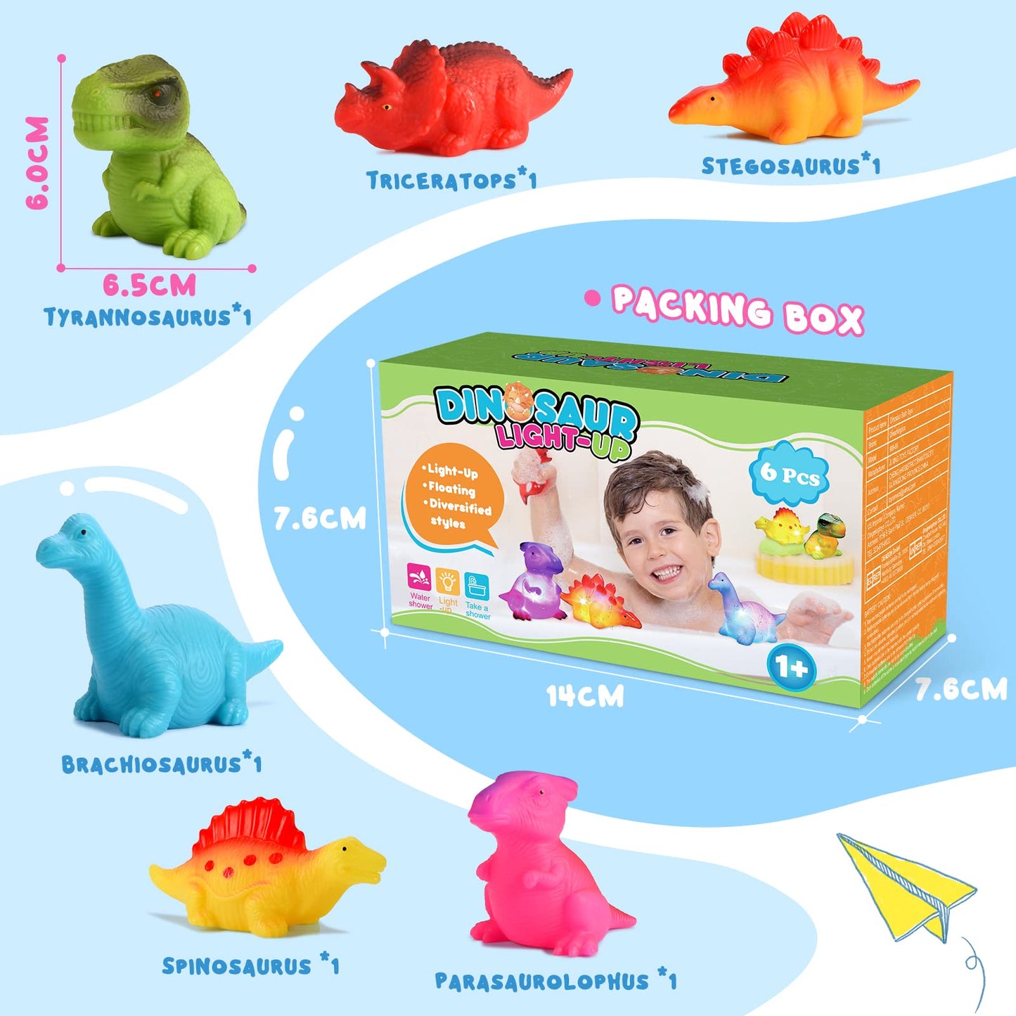 Baby Bath Toys For Toddlers 1-5, 6 Packs Light Up Floating Dinosaur Toys For Kids 1-5 Year Olds Boys Girls Easter Basket Birthday For Babies Age 1-5 Sensory Toys Preschool Bathtub Pool Shower Games