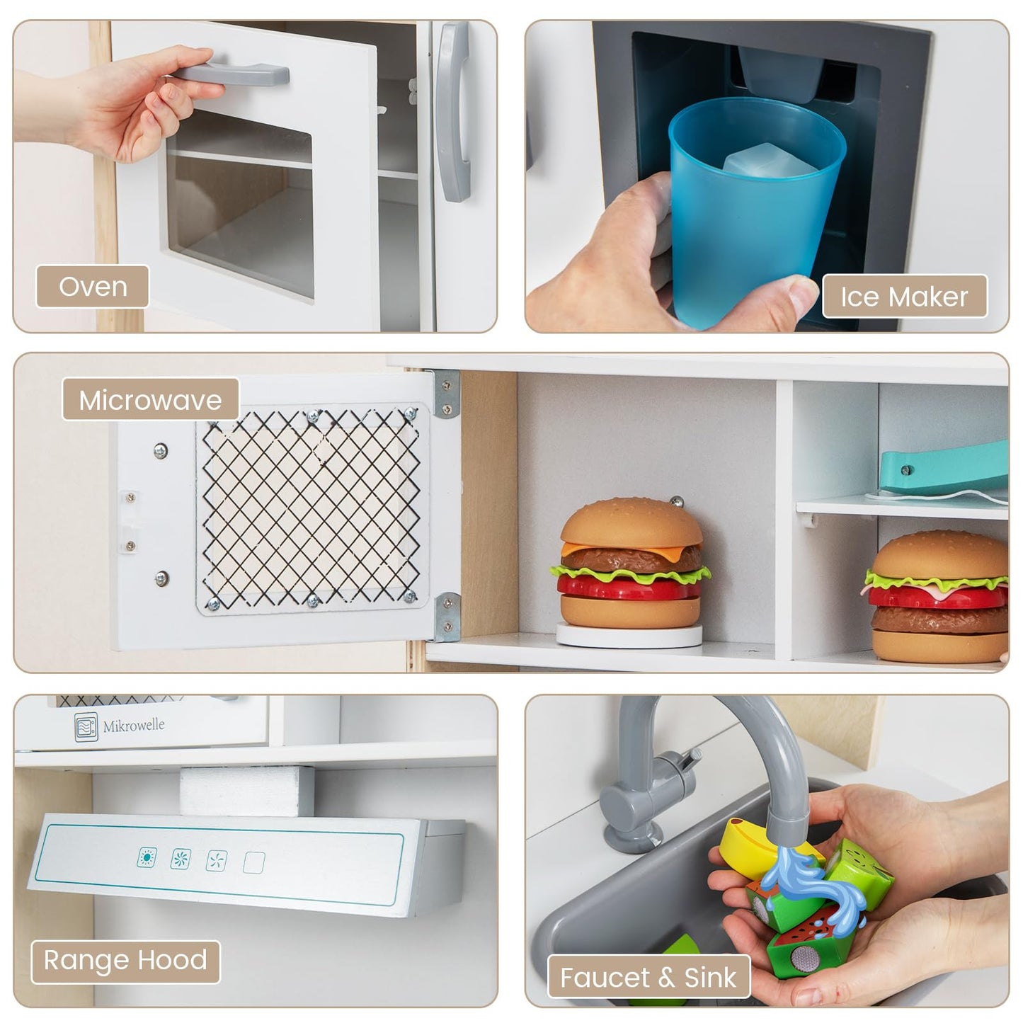 HONEY JOY Kids Kitchen Playset, Wooden Play Kitchen for Toddlers, Microwave, Range Hood, Ice Maker, 18 Cooking Accessories, Litt