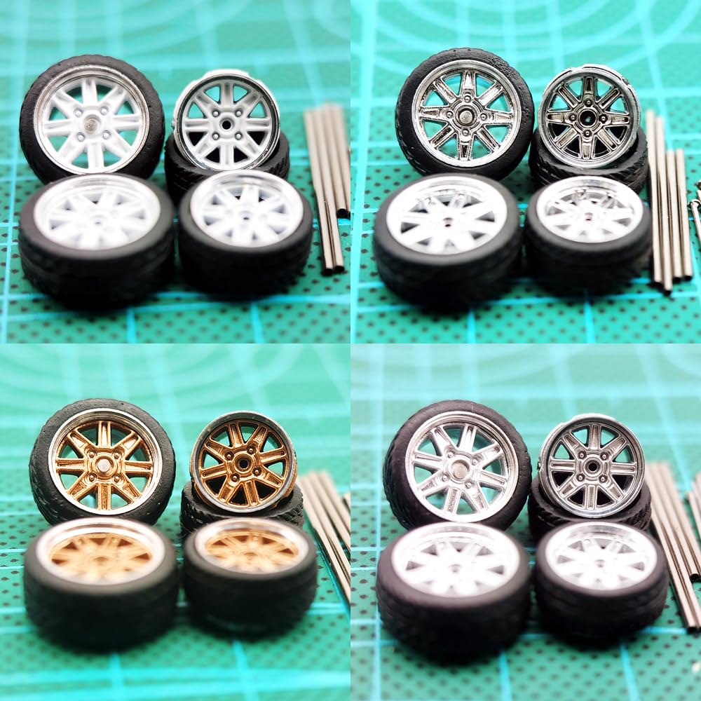 1/64 Wheels Front Small Rear Big For Muscle Cars And Sports Cars,4 Sets/Pack, Eight Spokes,Abs Wheels With Rubber Tire Rivet Axl