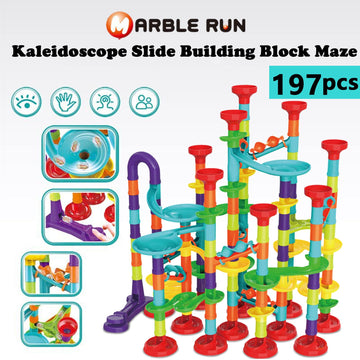 ailixinda Marble Run Set - 197 PCS STEM Building Blocks Toy with 50 Glass Marbles, Multicolor, 2"x3"x0.5" for Kids