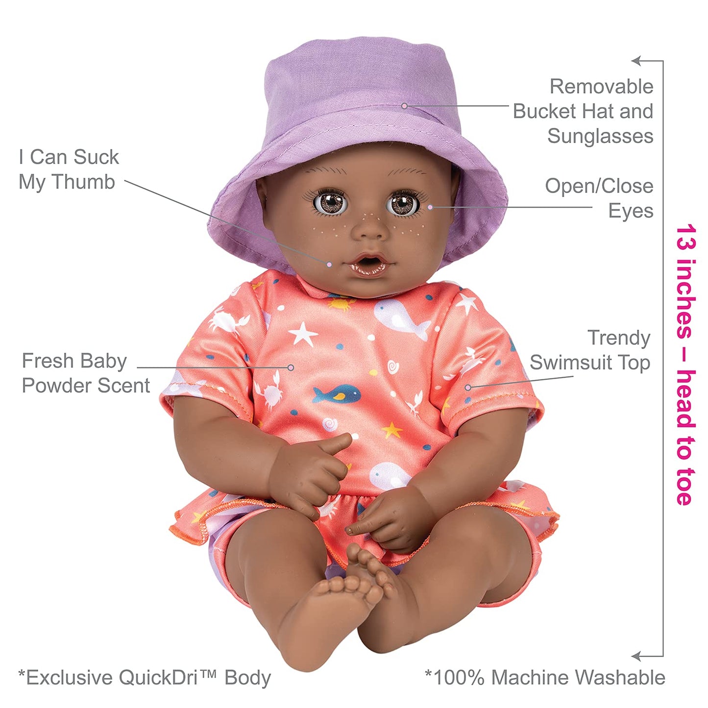 Adora Beach Baby African American Doll With Sun-Activated Freckles, Clothes & Accessories Set, Adorable Baby Doll Made In Exclusive Quickdri Vinyl Birthday Gift For Ages 1+ - Baby Piper