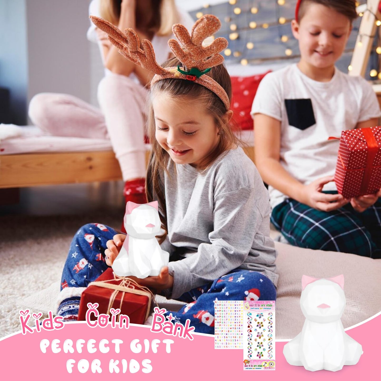 Kids Piggy Bank, Unbreakable Piggy Bank Cute Cat Piggy Bank Plastic Coin Bank With Diy Stickers Practical Gifts, Birthday For Ki