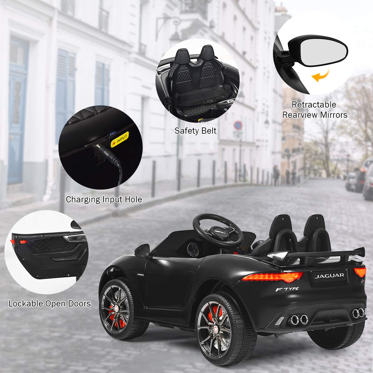 Costzon Ride On Car, 12V Licensed Jaguar F-Type Svr Battery Powered Ride On Toy W/Remote Control, Front/Rear Lights, Mp3, Music, 3 Speeds, Spring Suspension, Electric Vehicle For Kids (Black)