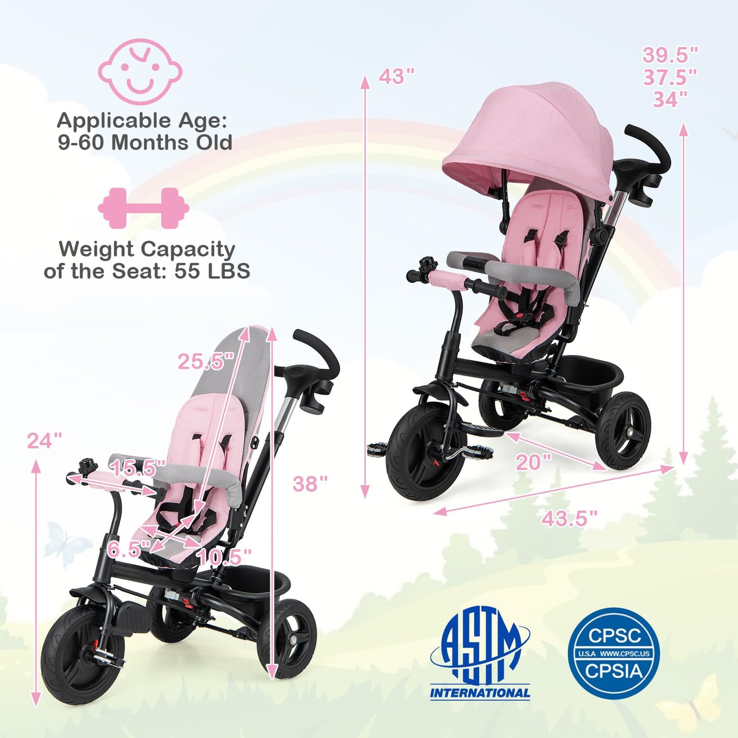 HONEY JOY Tricycle, 6 in 1 Kids Trike Stroller w/Adjustable Push Handle & Canopy, Reversible Seat, Safety Belt, Folding Pedal, C